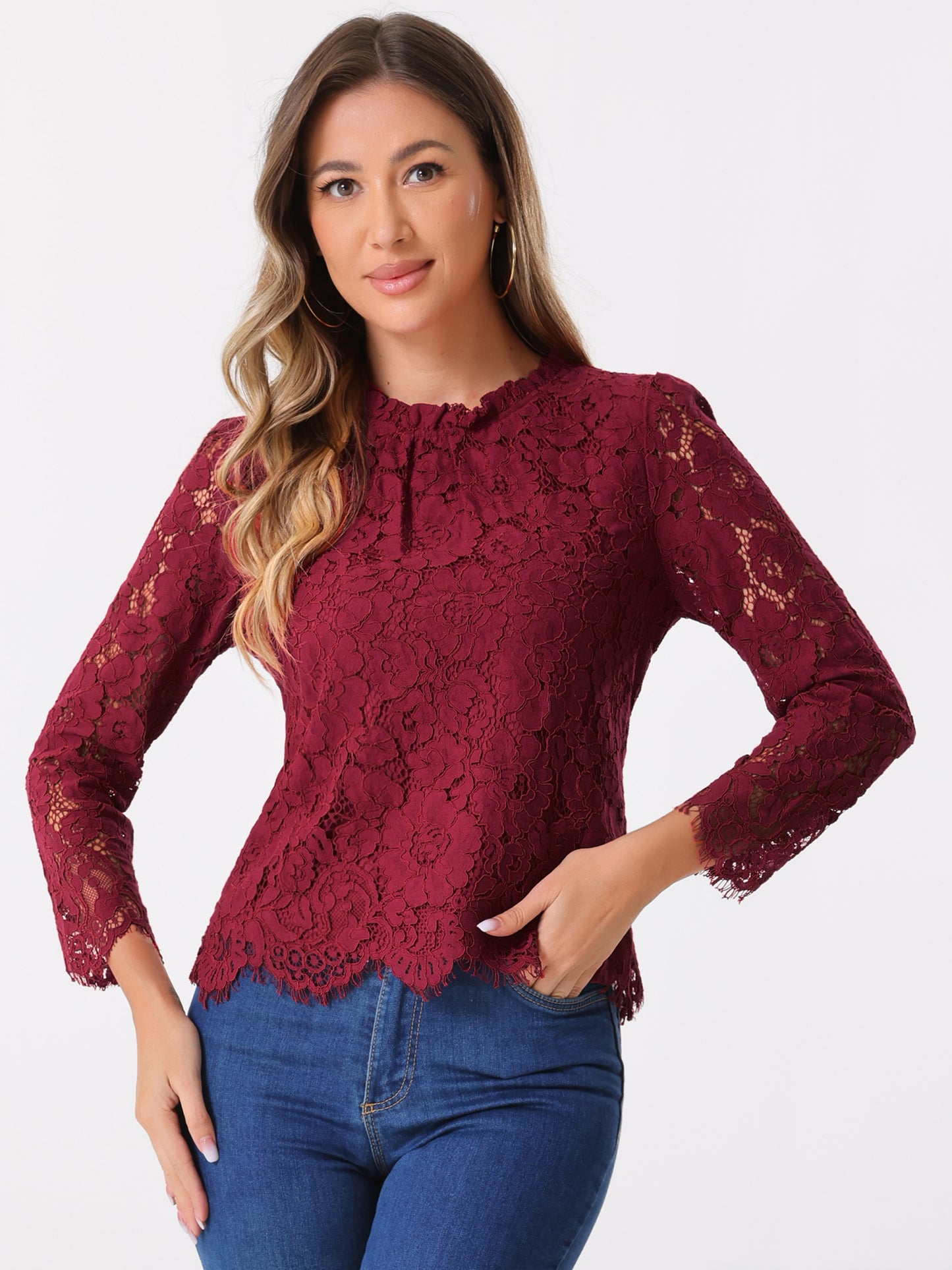 Women's Long Sleeve Lace Top Dressy Elegant Peplum Blouse Shirt