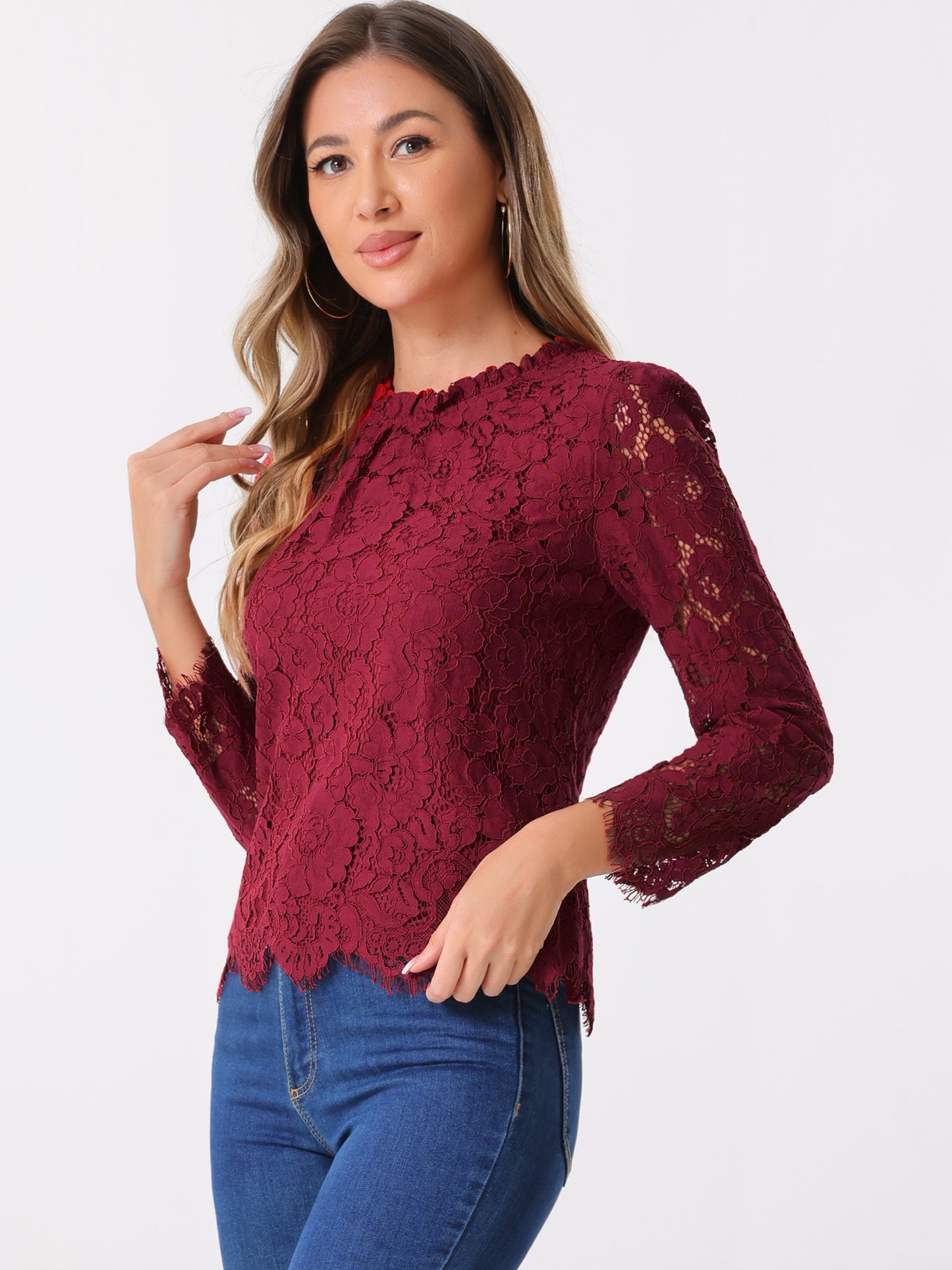 Women's Long Sleeve Lace Top Dressy Elegant Peplum Blouse Shirt