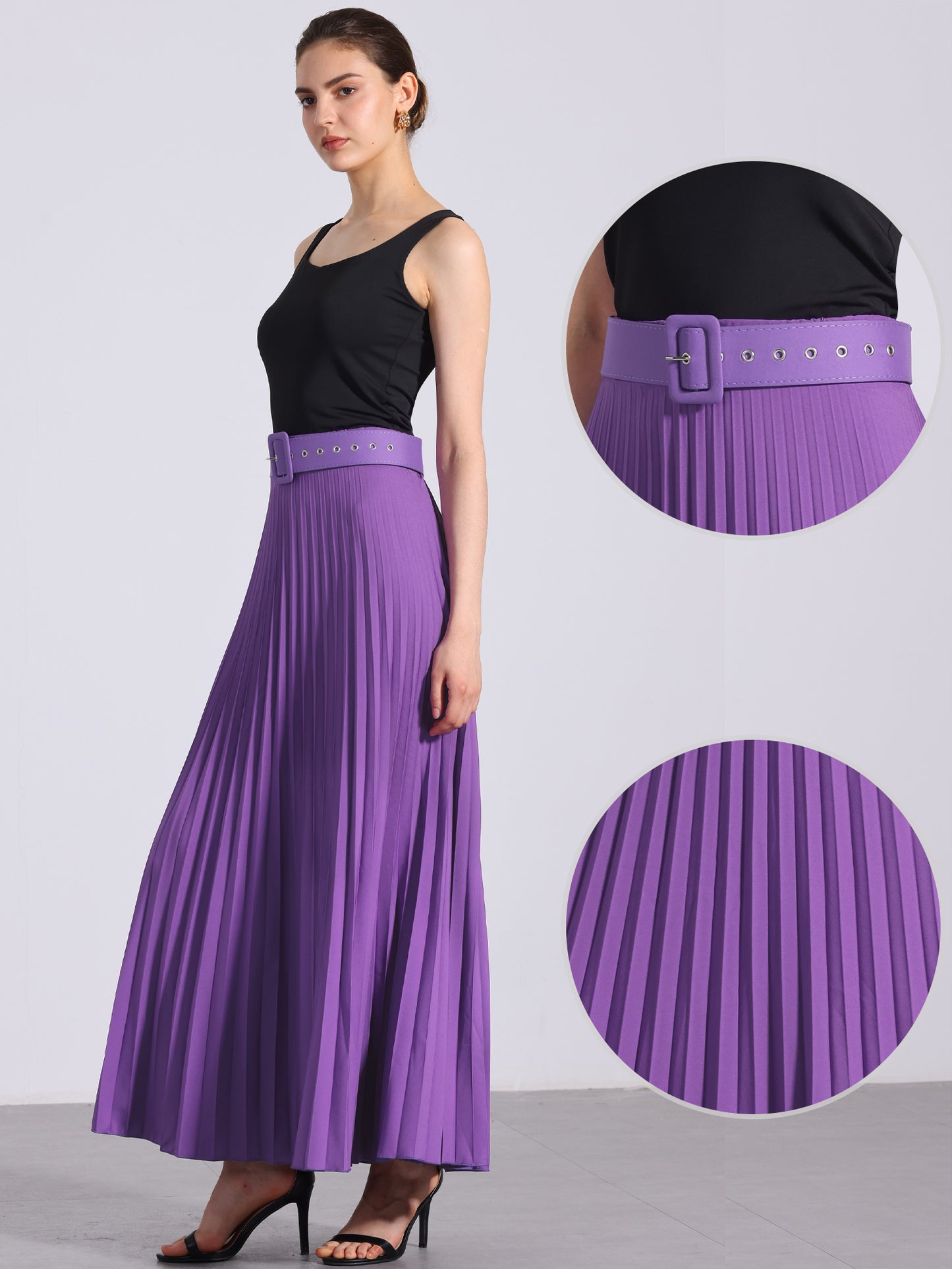 Falda larga plisada para mujer, cintura alta elástica con cinturón, corte A, para trabajo (disponible en tallas grandes)
