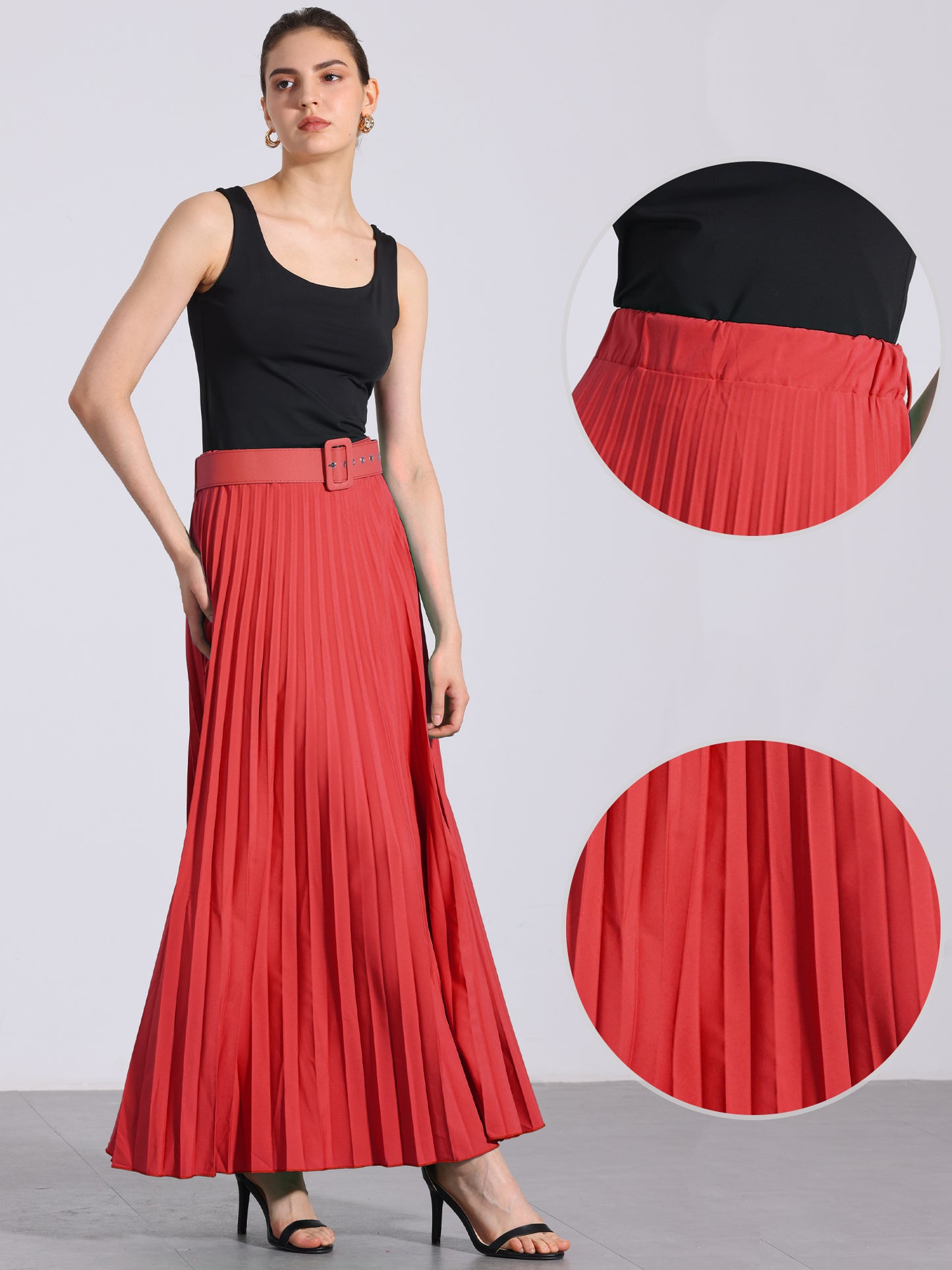 Falda larga plisada para mujer, cintura alta elástica con cinturón, corte A, para trabajo (disponible en tallas grandes)