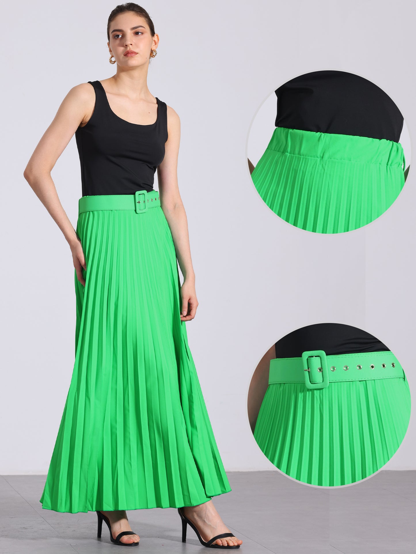 Falda larga plisada para mujer, cintura alta elástica con cinturón, corte A, para trabajo (disponible en tallas grandes)