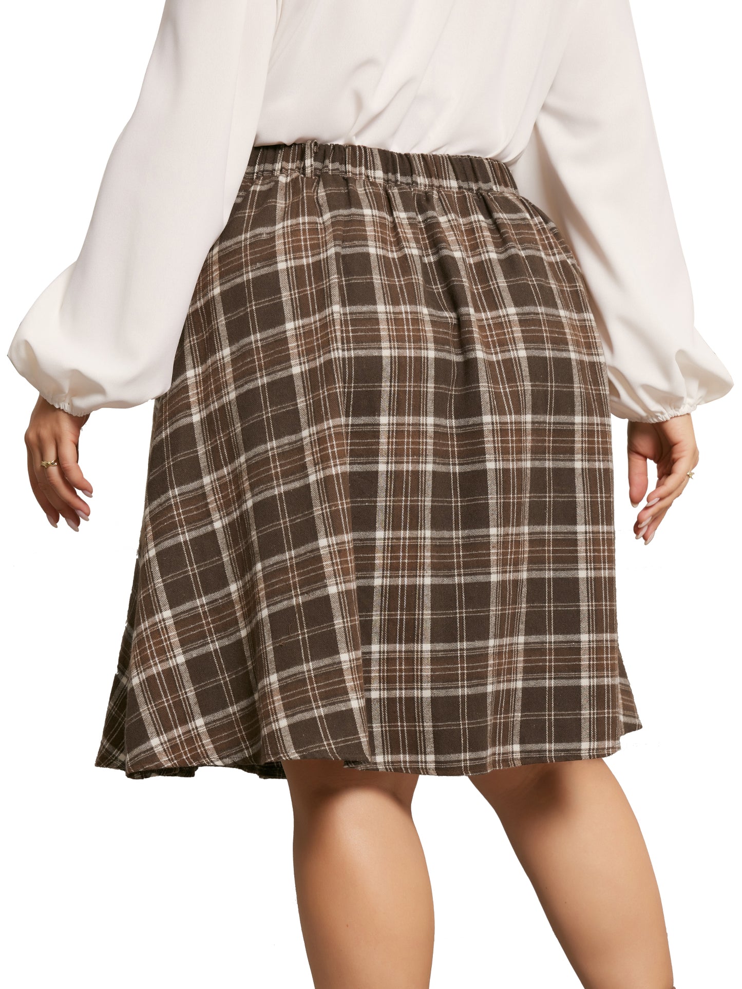 Women Plus Size Vintage Skirt Plaid Elastic High Waist Button Front A-Line Skirt with Pockets