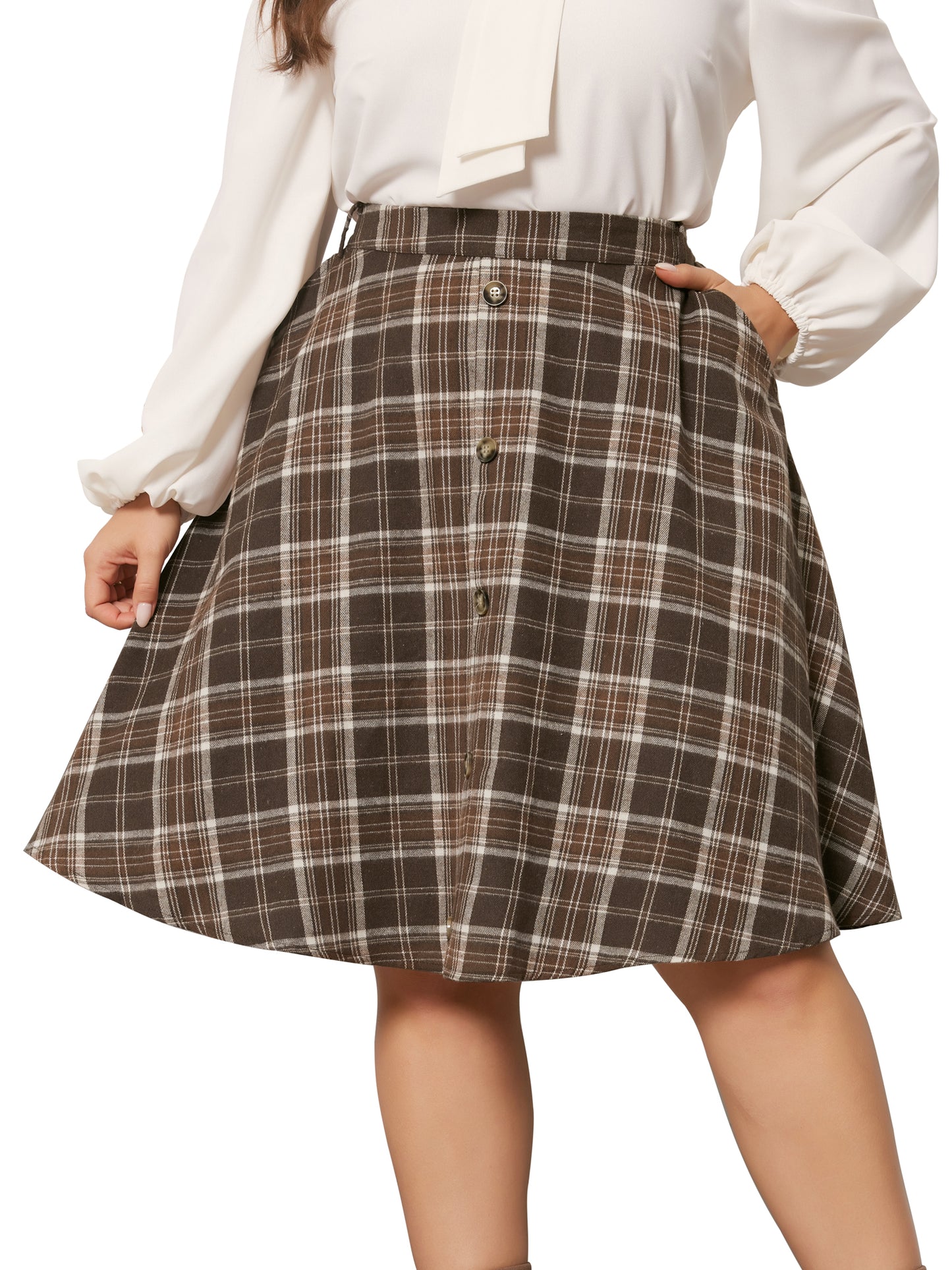 Women Plus Size Vintage Skirt Plaid Elastic High Waist Button Front A-Line Skirt with Pockets
