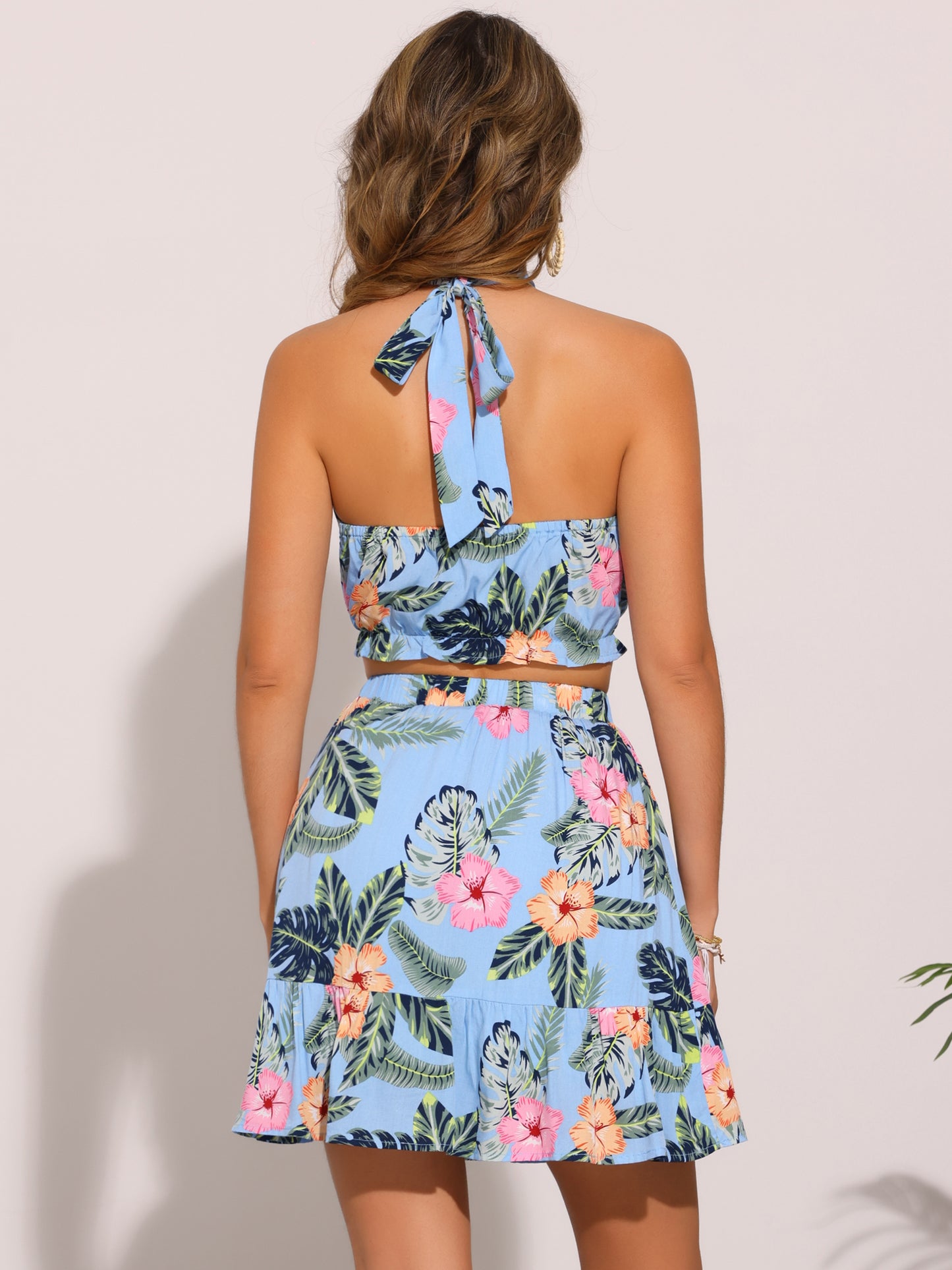 Women's 2 Piece Floral Halter Neck Sleeveless Crop Top with Short Skirt Set