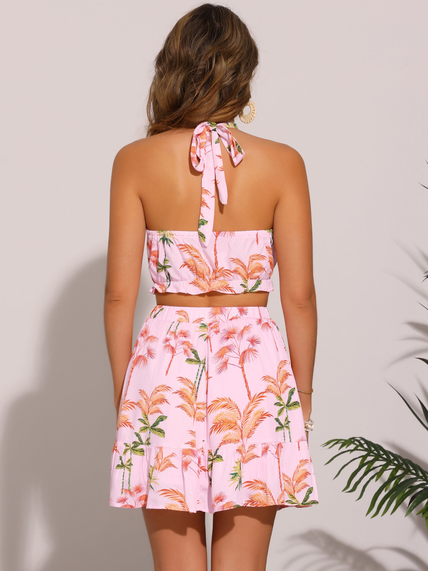 Women's 2 Piece Floral Halter Neck Sleeveless Crop Top with Short Skirt Set