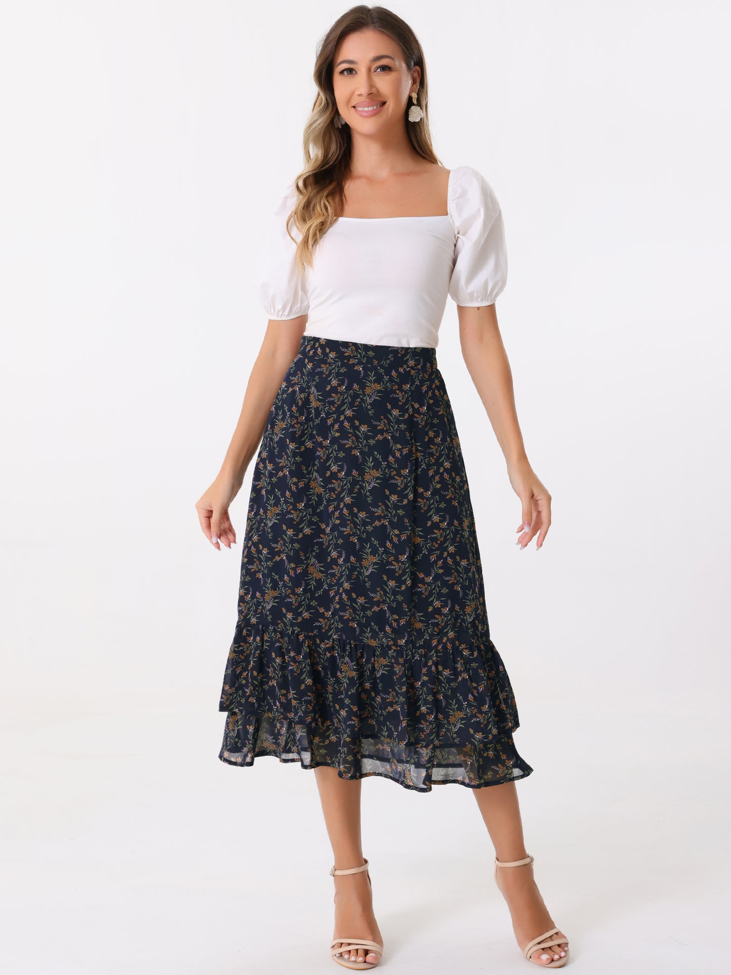 Women's Printed Skirt Summer Chiffon Ruffle Tiered Flowy Midi Skirt