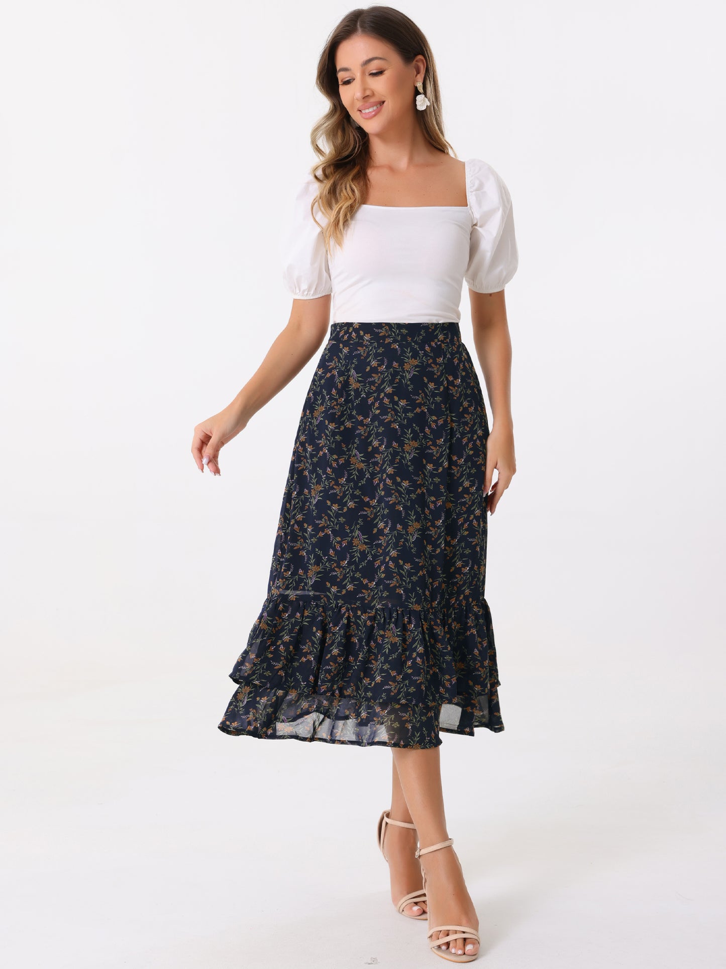 Women's Printed Skirt Summer Chiffon Ruffle Tiered Flowy Midi Skirt