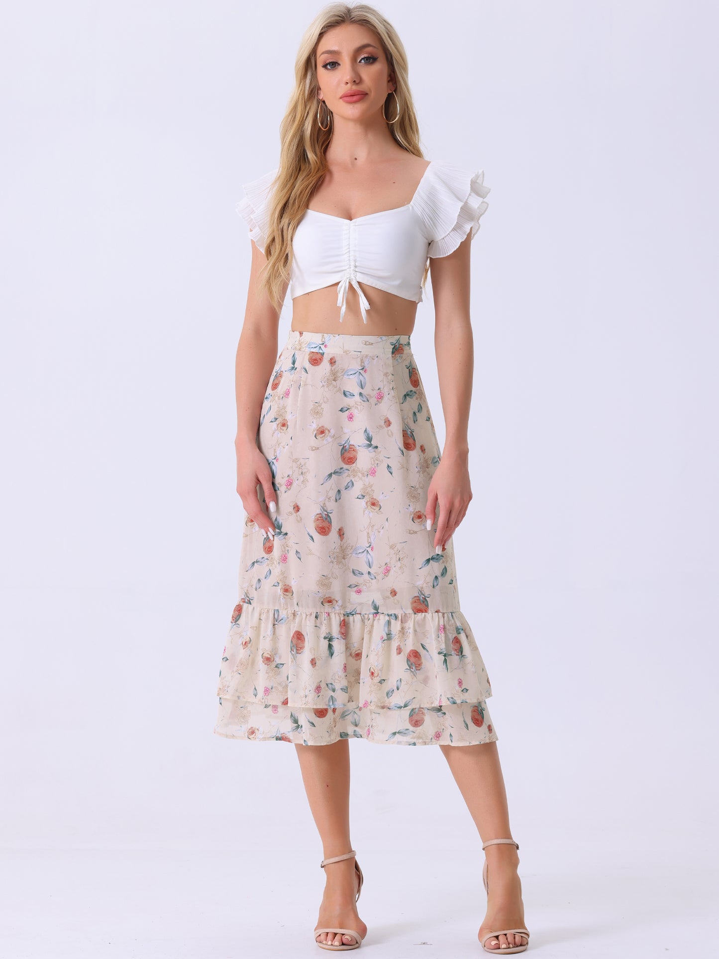 Women's Printed Skirt Summer Chiffon Ruffle Tiered Flowy Midi Skirt