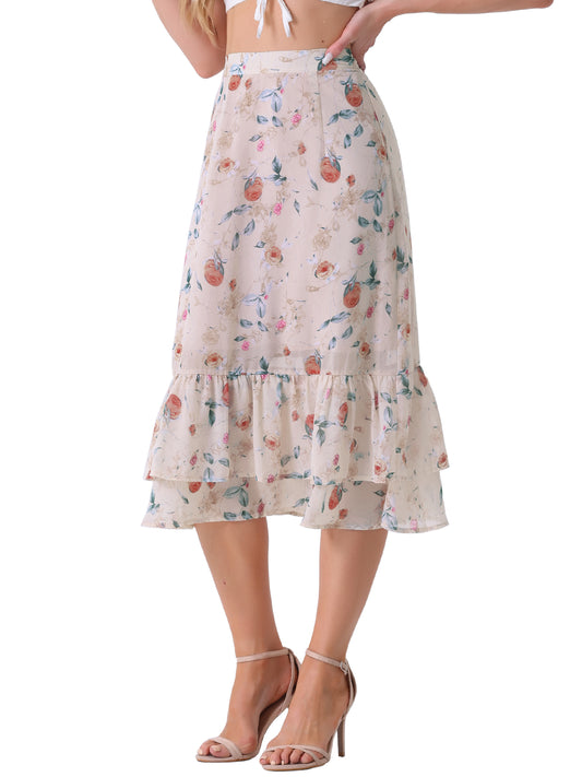 Women's Printed Skirt Summer Chiffon Ruffle Tiered Flowy Midi Skirt