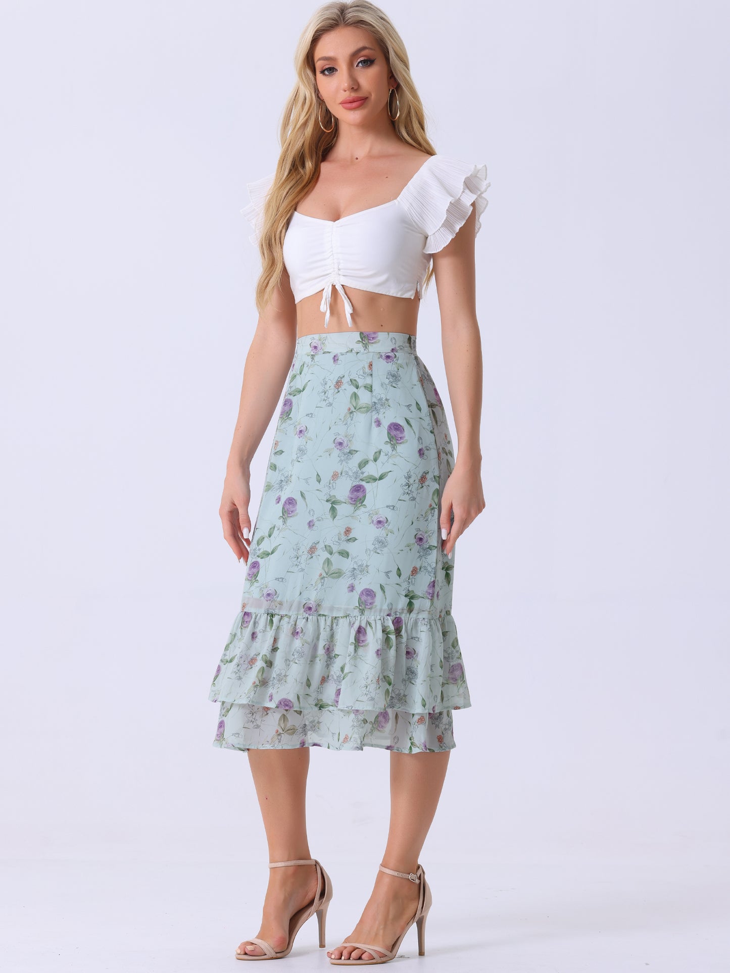 Women's Printed Skirt Summer Chiffon Ruffle Tiered Flowy Midi Skirt