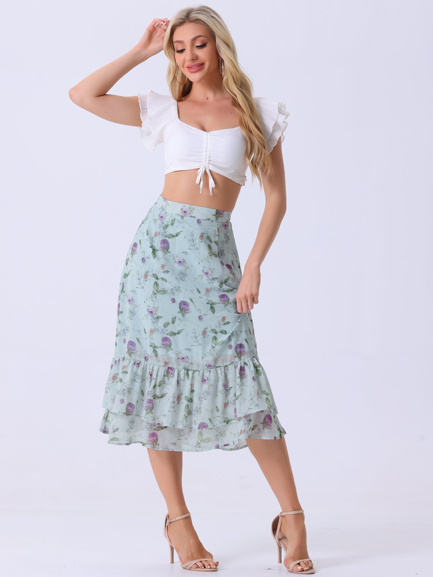 Women's Printed Skirt Summer Chiffon Ruffle Tiered Flowy Midi Skirt