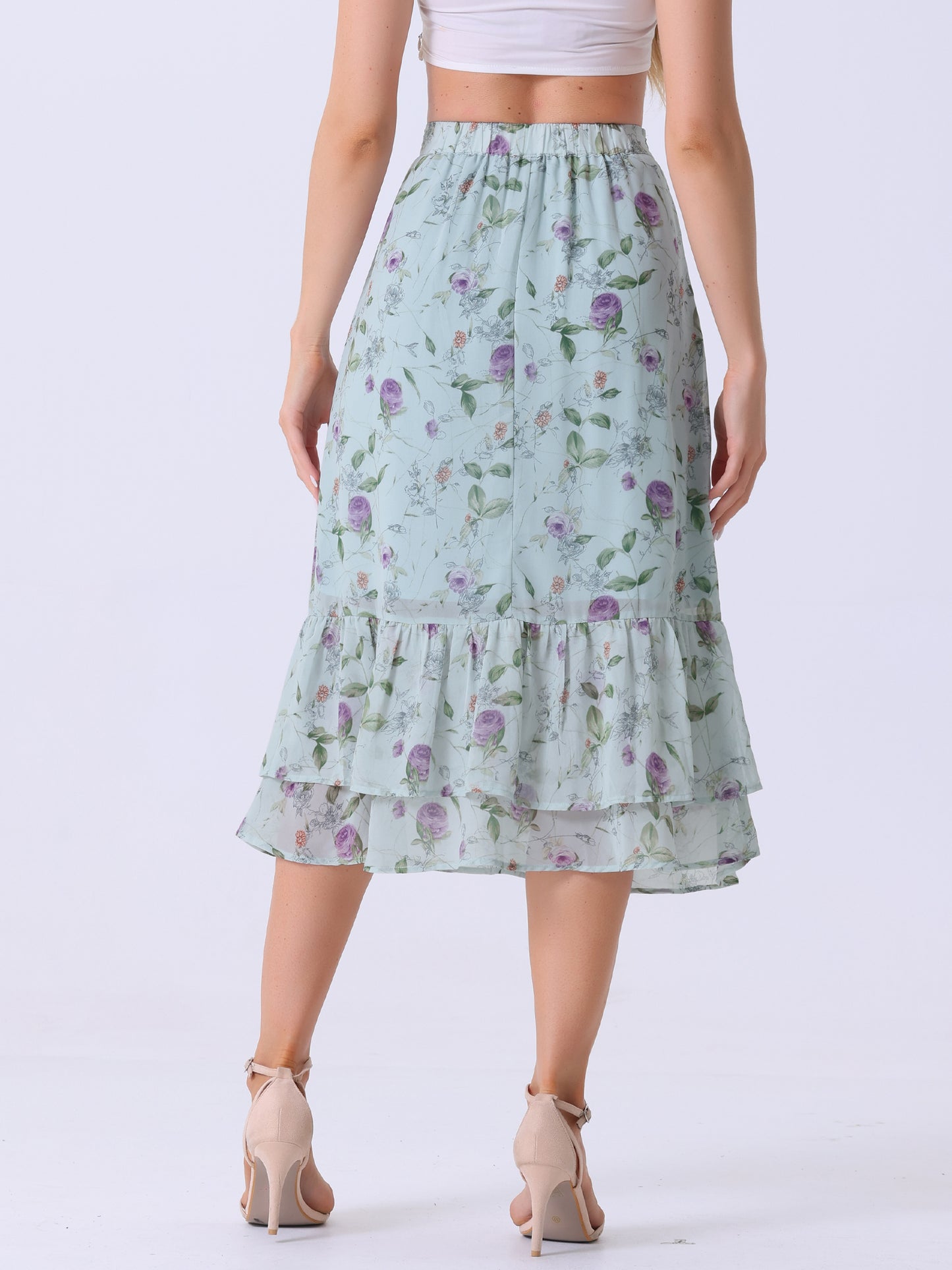 Women's Printed Skirt Summer Chiffon Ruffle Tiered Flowy Midi Skirt