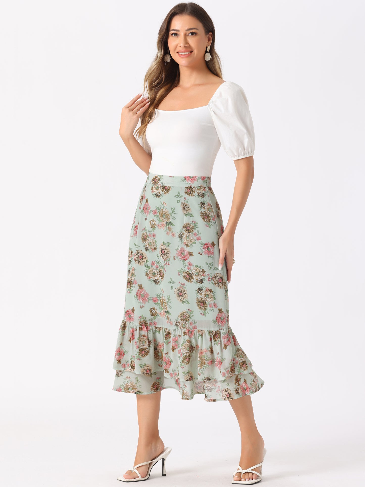 Women's Printed Skirt Summer Chiffon Ruffle Tiered Flowy Midi Skirt