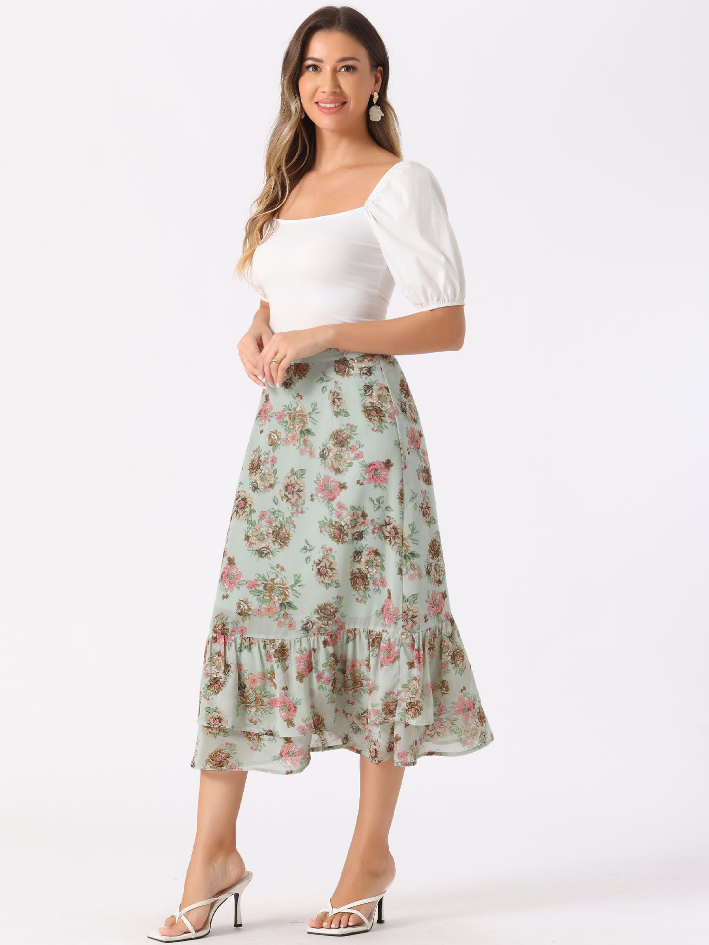 Women's Printed Skirt Summer Chiffon Ruffle Tiered Flowy Midi Skirt