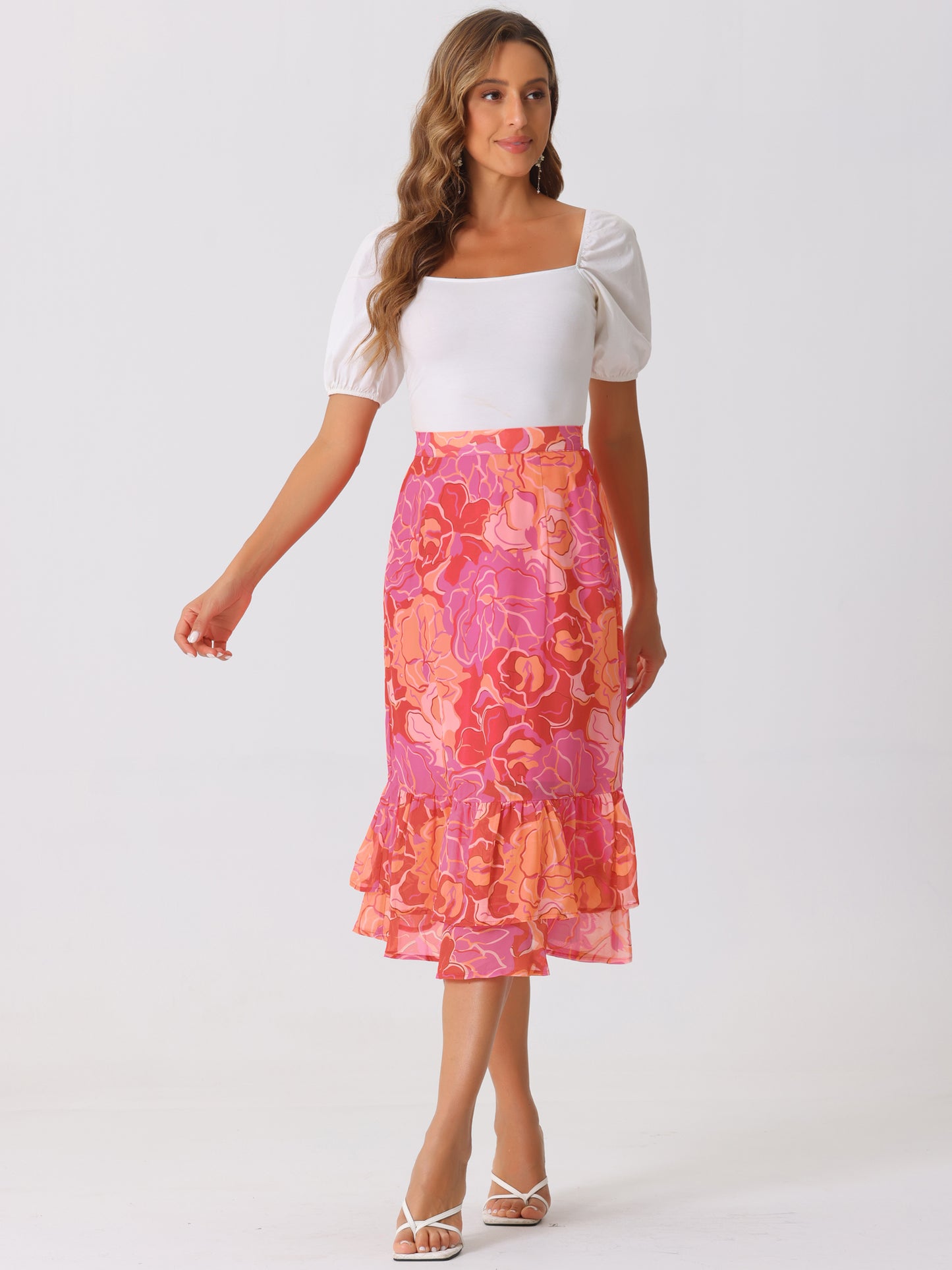 Women's Printed Skirt Summer Chiffon Ruffle Tiered Flowy Midi Skirt