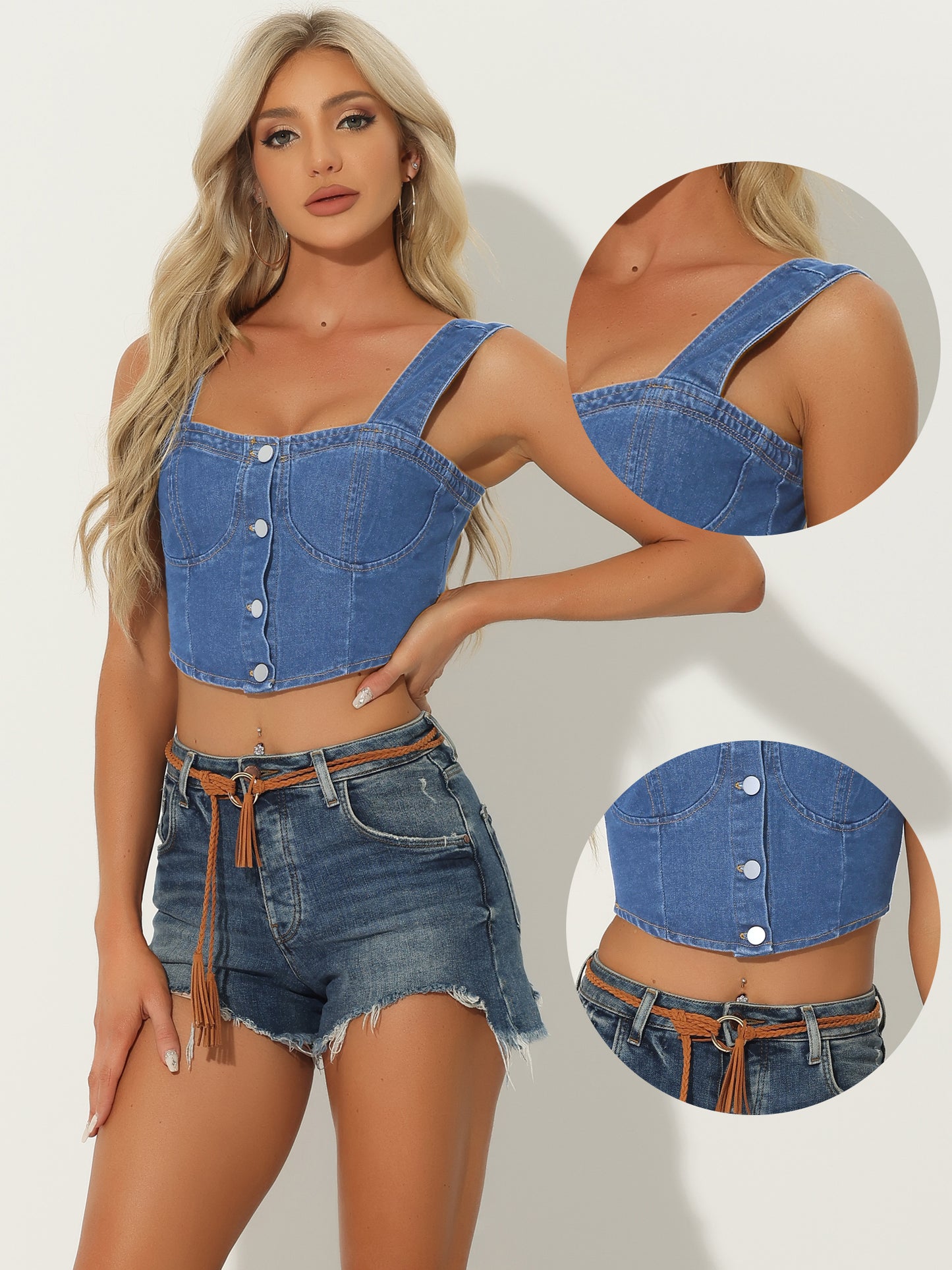 Women's Denim Corset Tops Button Down Sleeveless Bustier Jean Crop Tank Top