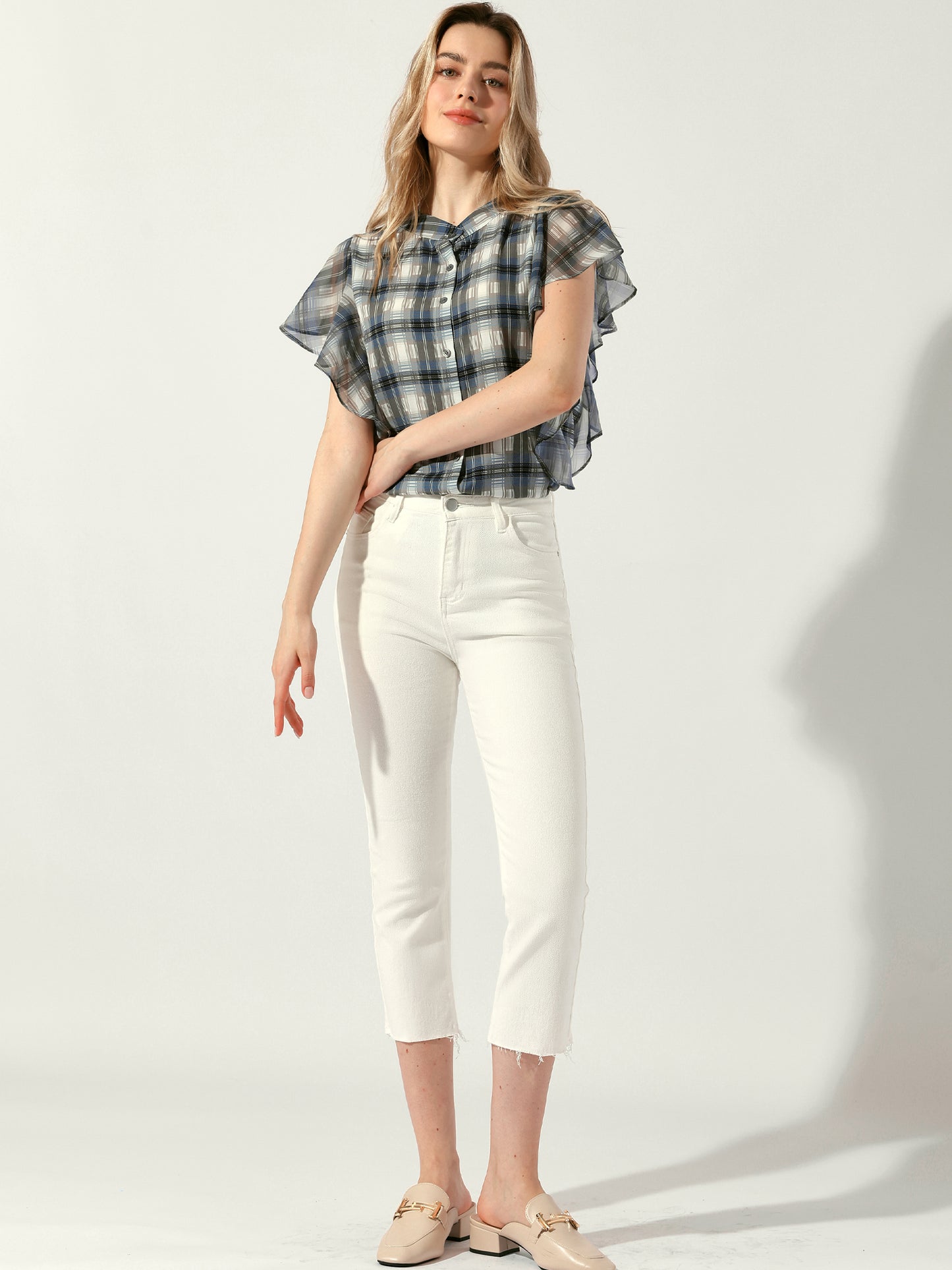 Women's Casual Denim Pants Mid-Rise Capri Skinny Jeans with Pockets