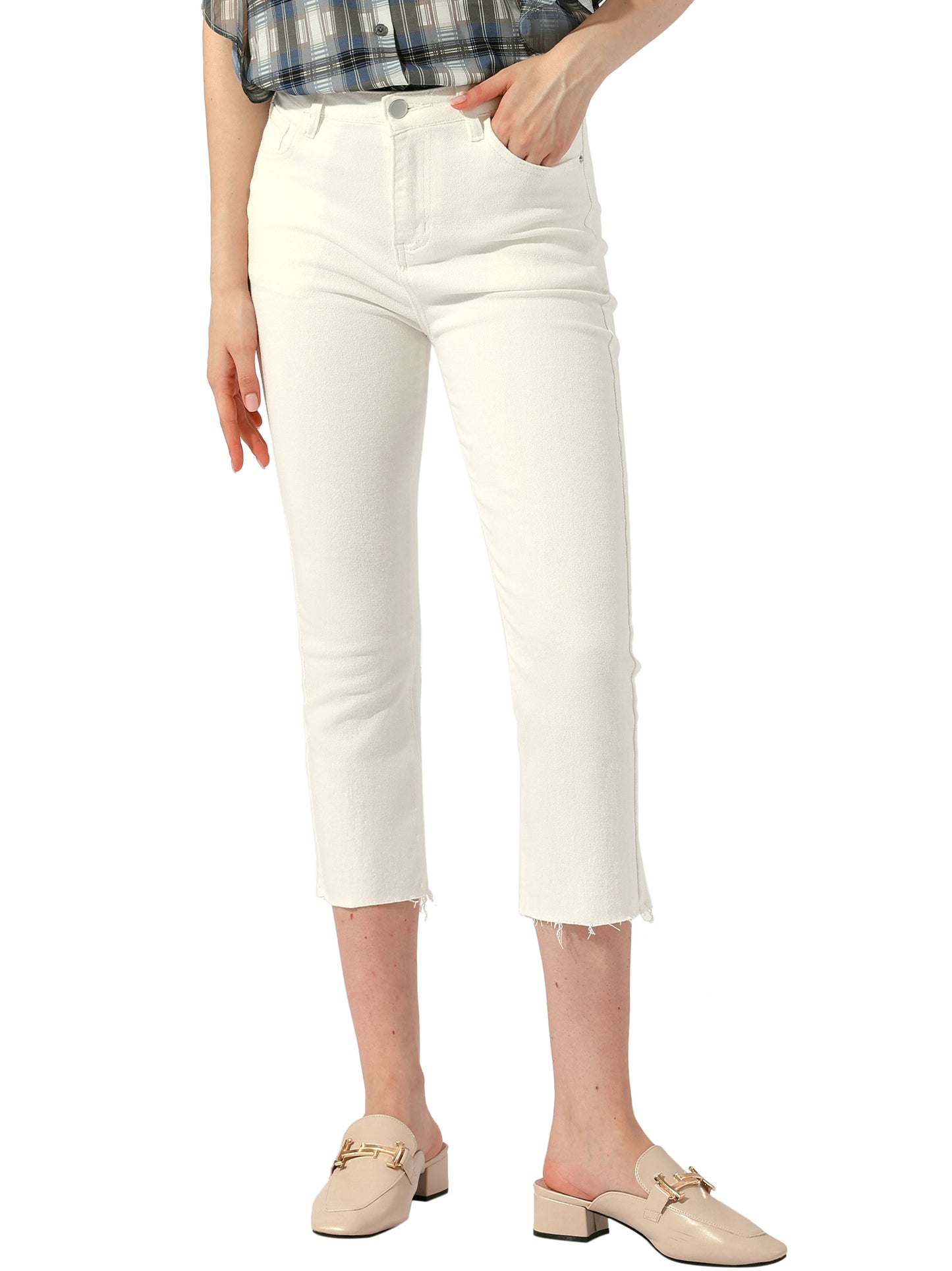 Women's Casual Denim Pants Mid-Rise Capri Skinny Jeans with Pockets