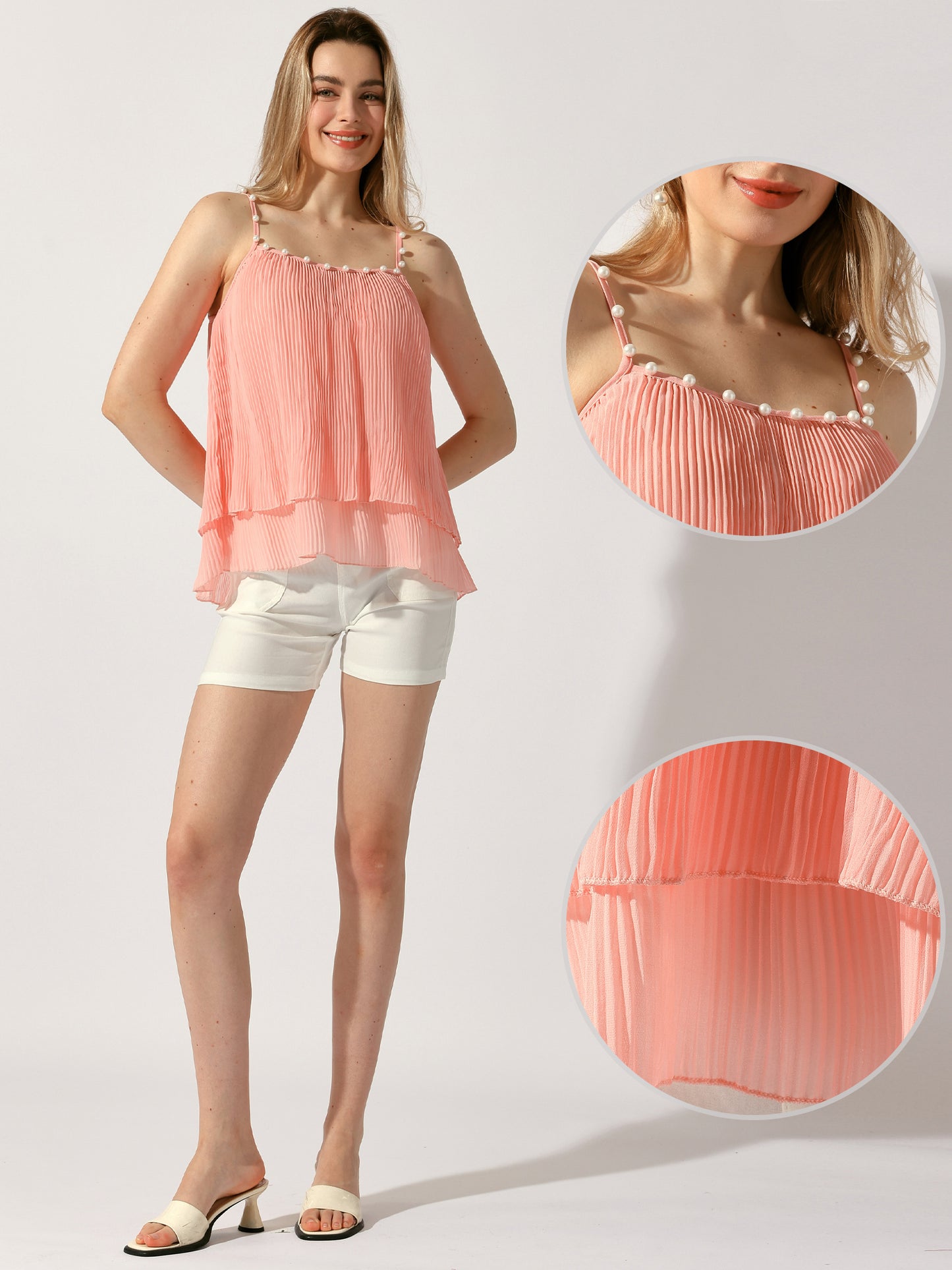 Women's Double-Layer Pleated Ruffle Summer Casual Spaghetti Strap Tank Top