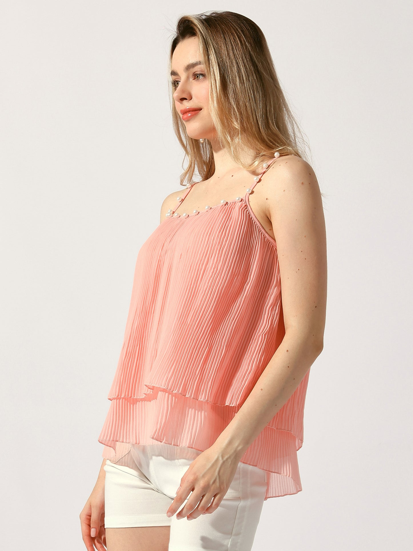 Women's Double-Layer Pleated Ruffle Summer Casual Spaghetti Strap Tank Top