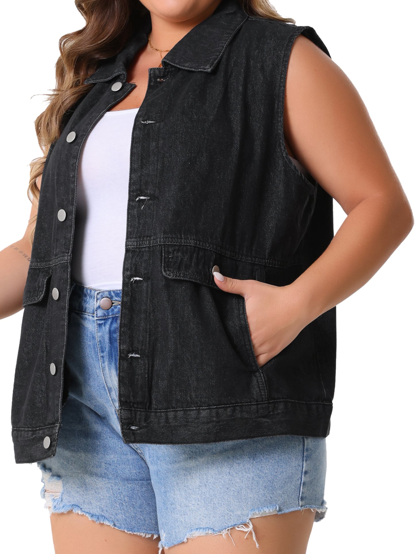 Women's Plus Size Denim Vest Oversized Button Down Sleeveless Waistcoat Shacket