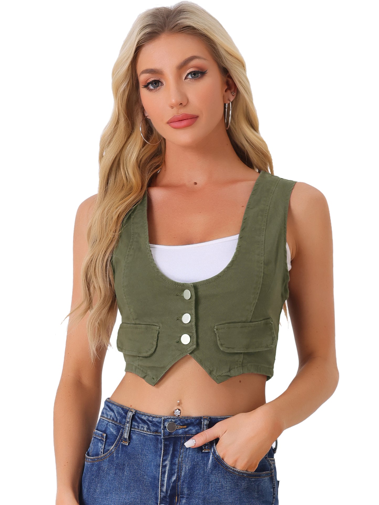 Women's Denim Vest Vintage Button Up Sleeveless Crop Jean Vest Waistcoat