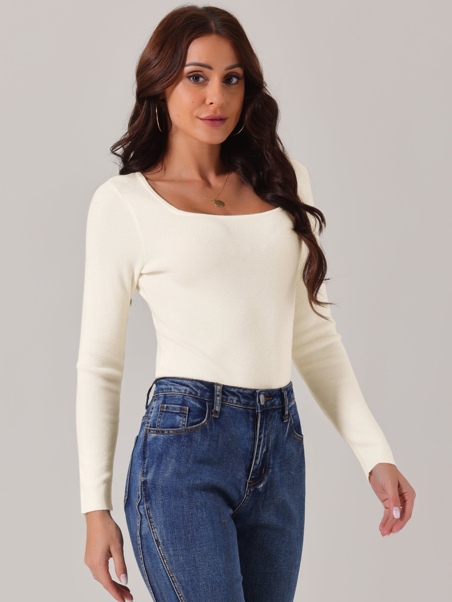 Women's Square Neck Long Sleeve Sweater Bodysuit Blouse Casual Top