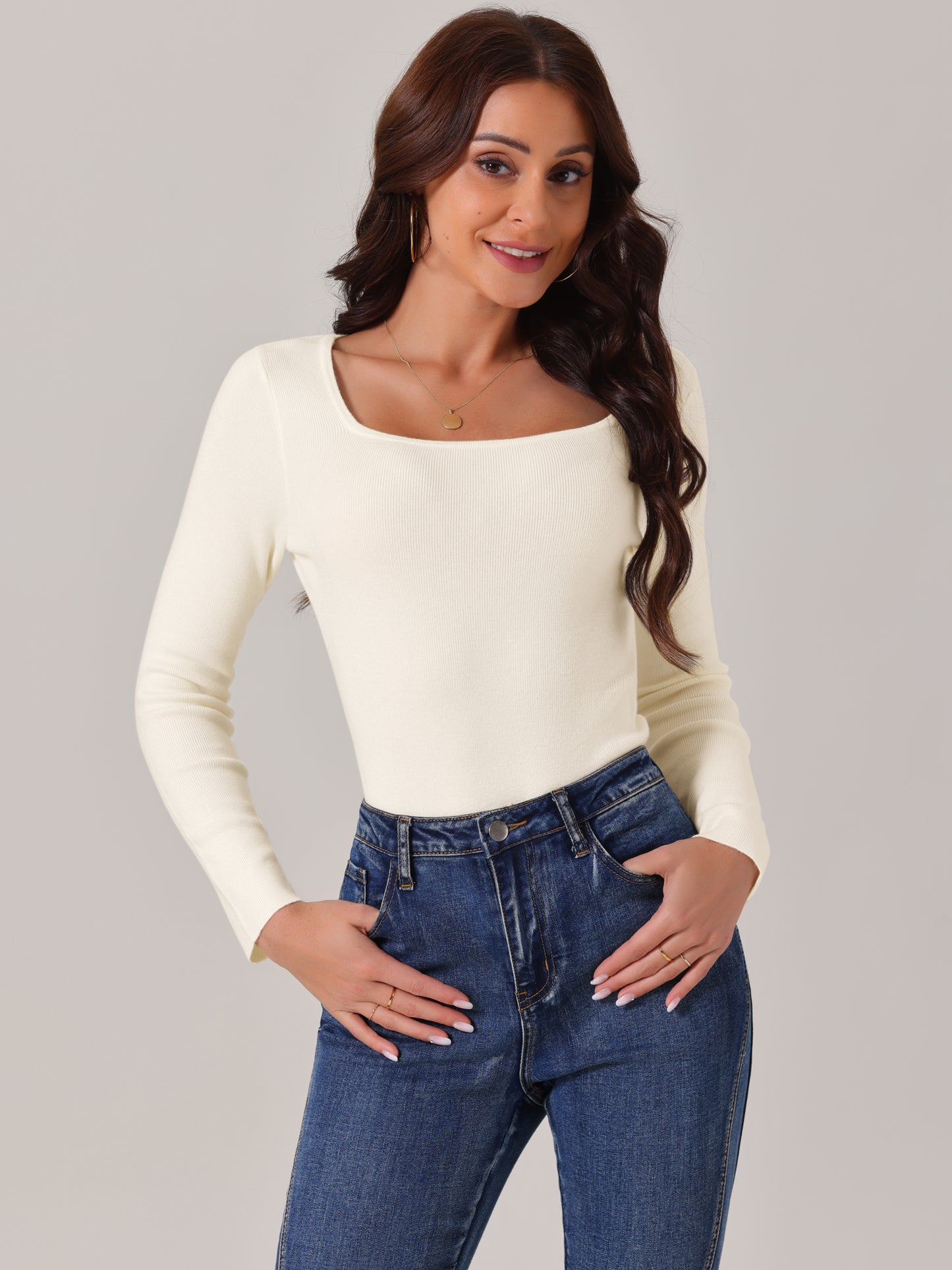 Women's Square Neck Long Sleeve Sweater Bodysuit Blouse Casual Top