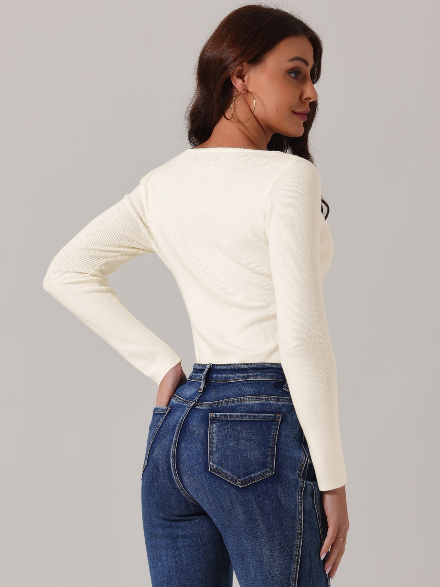 Women's Square Neck Long Sleeve Sweater Bodysuit Blouse Casual Top