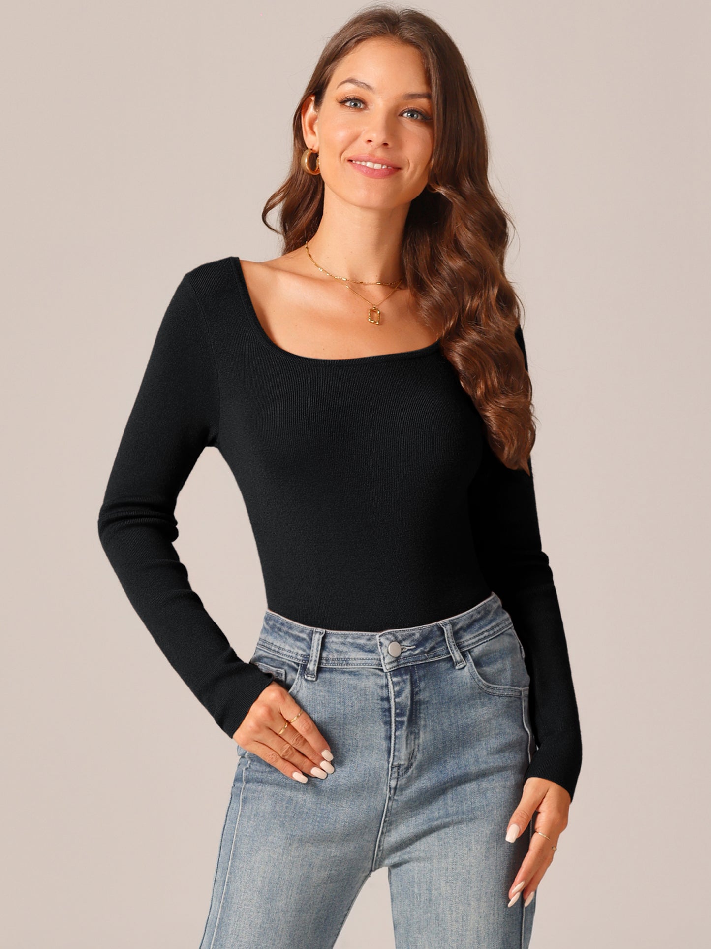 Women's Square Neck Long Sleeve Sweater Bodysuit Blouse Casual Top