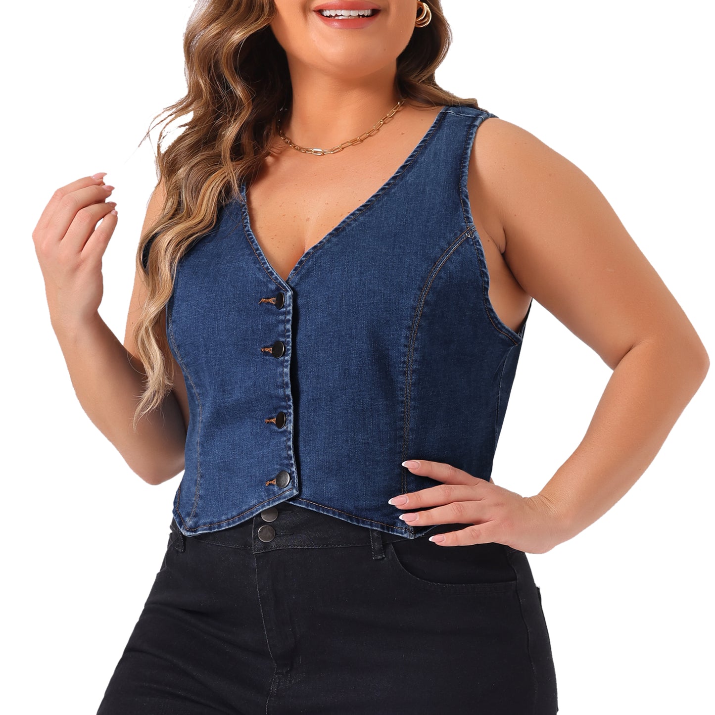 Women Plus Size Denim Vest Sleeveless V Neck Button Down Casual Jean Waistcoat Jacket