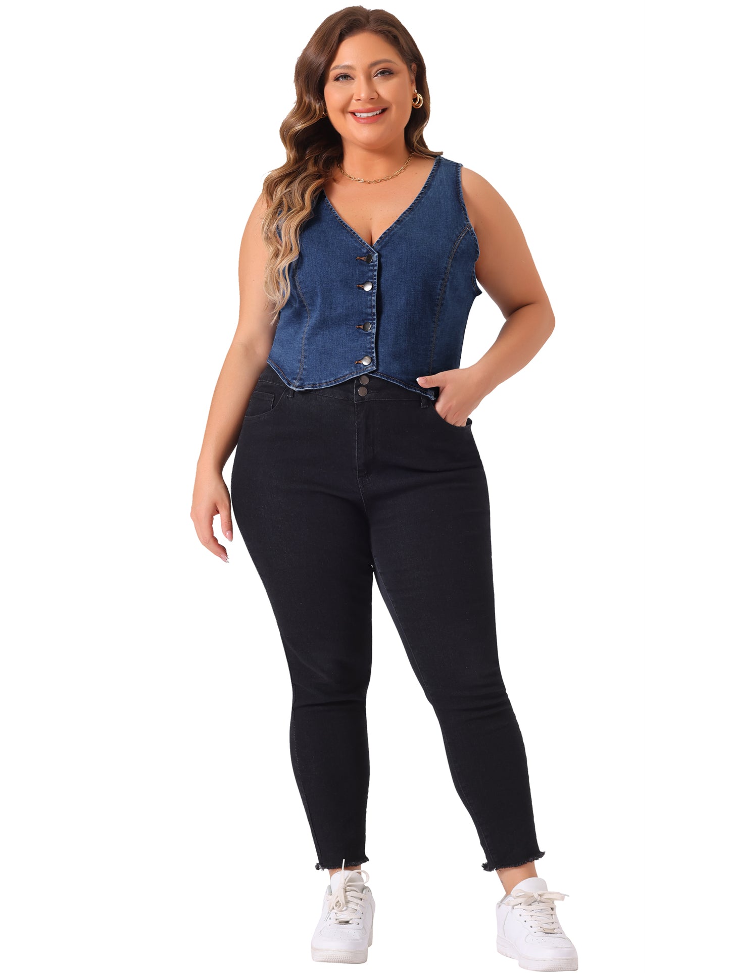 Women Plus Size Denim Vest Sleeveless V Neck Button Down Casual Jean Waistcoat Jacket