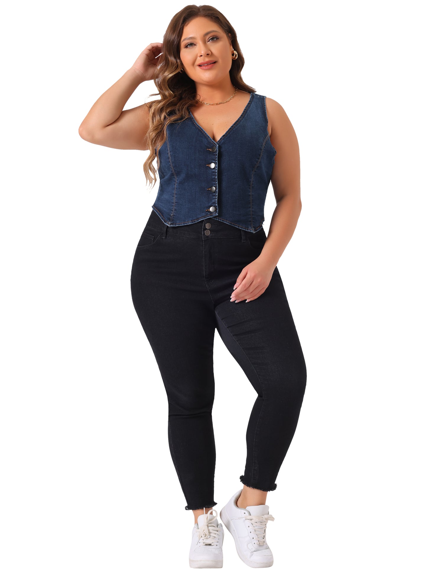 Women Plus Size Denim Vest Sleeveless V Neck Button Down Casual Jean Waistcoat Jacket