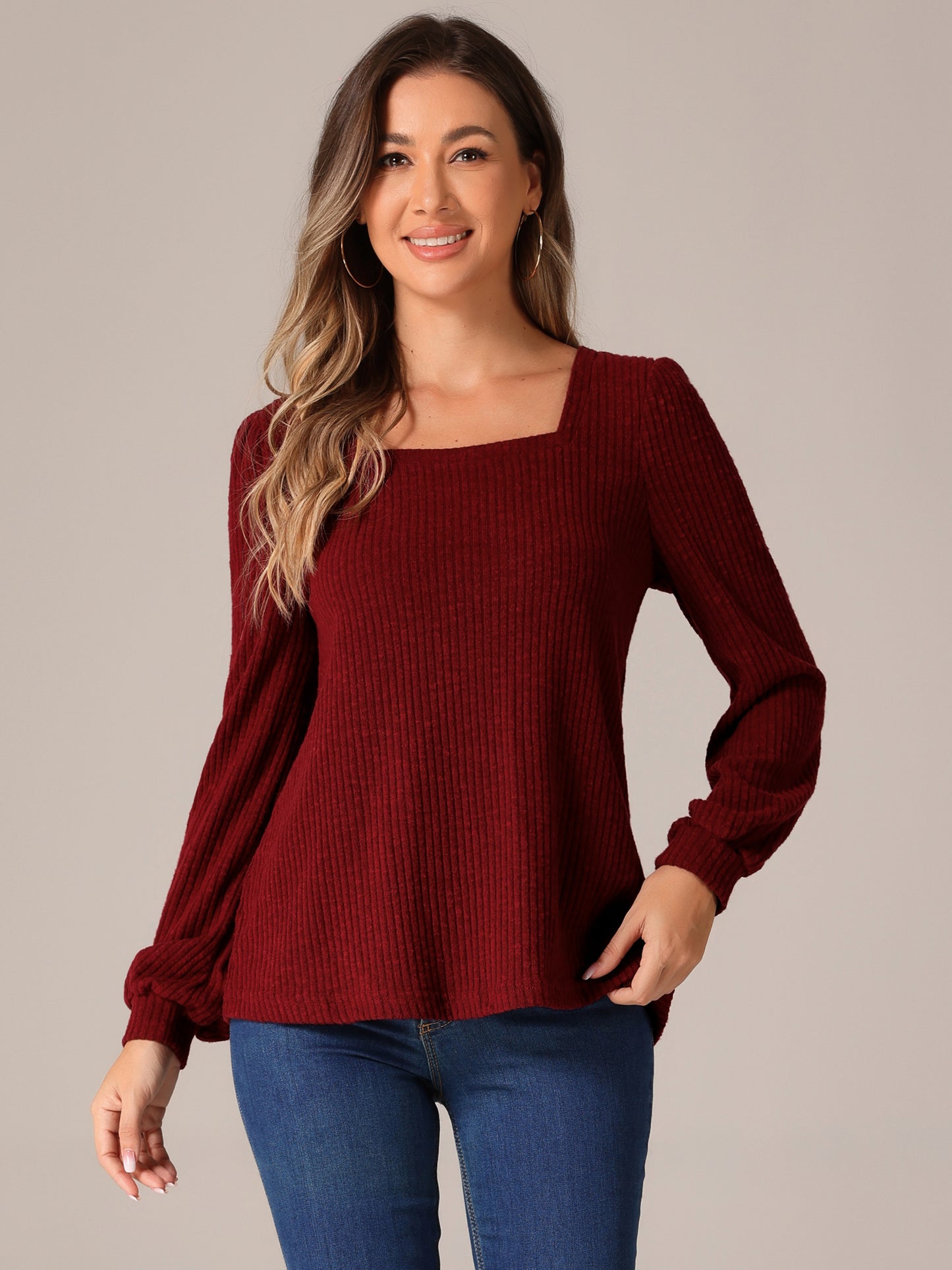 Suéter vintage de cuello cuadrado para mujer, informal, de manga larga abullonada, de punto acanalado