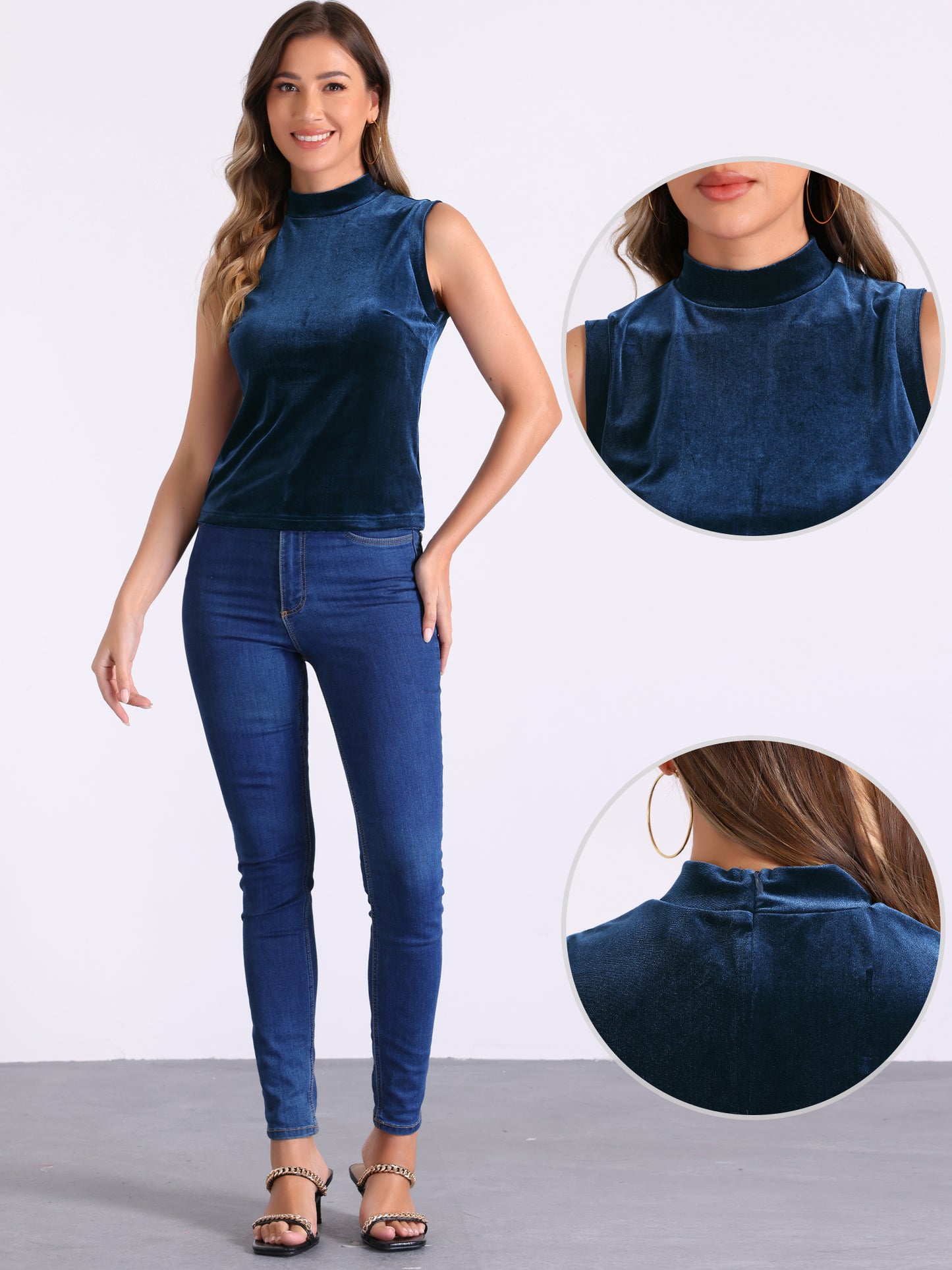 Camiseta sin mangas de terciopelo con cuello alto para mujer