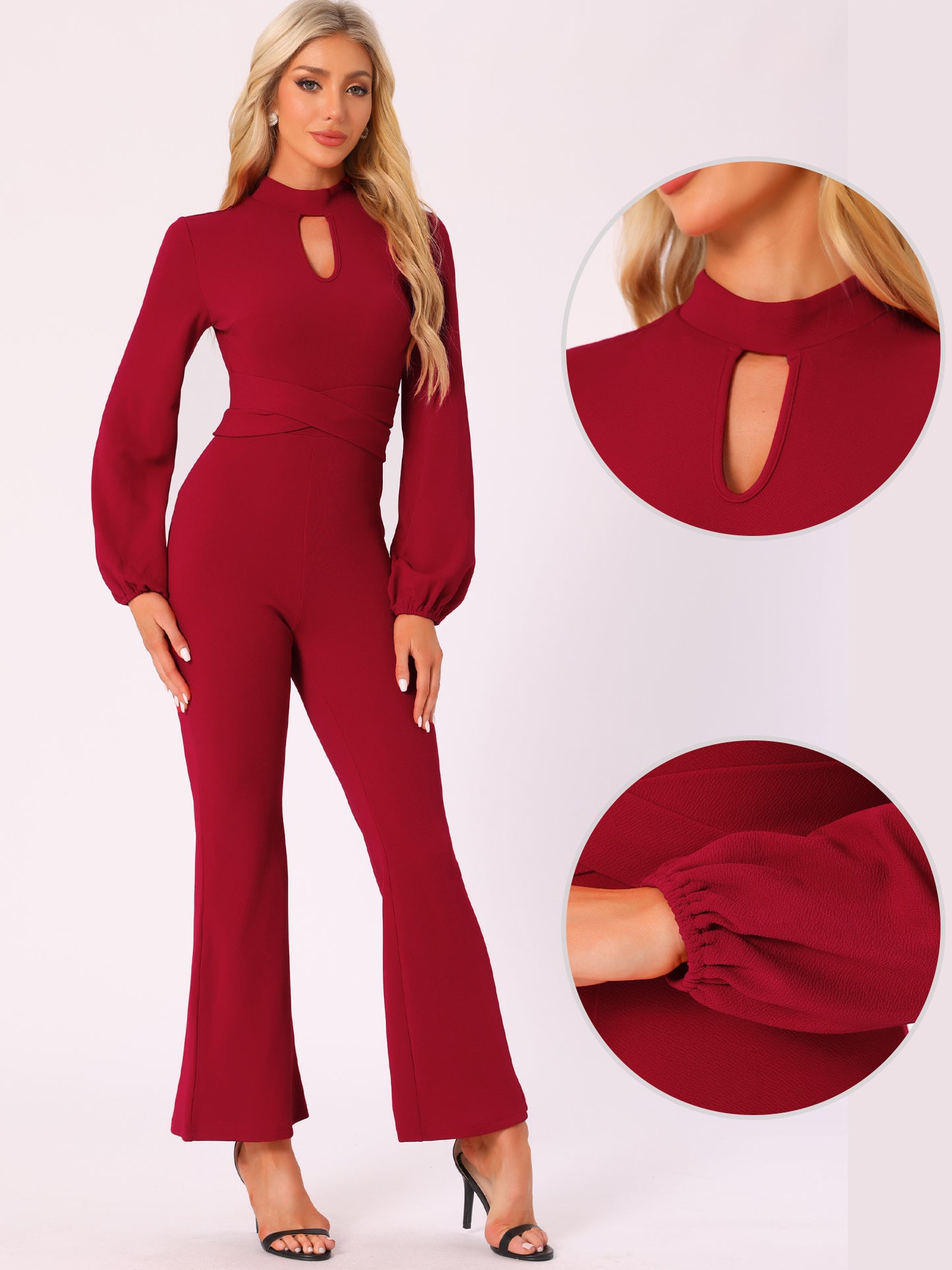 Women's Long Sleeve High Waist Elegant Party Bell Bottom Pants Jumpsuit Dressy Jumpsuits