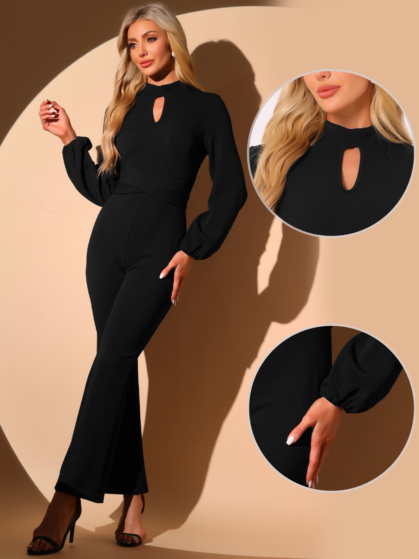 Women's Long Sleeve High Waist Elegant Party Bell Bottom Pants Jumpsuit Dressy Jumpsuits
