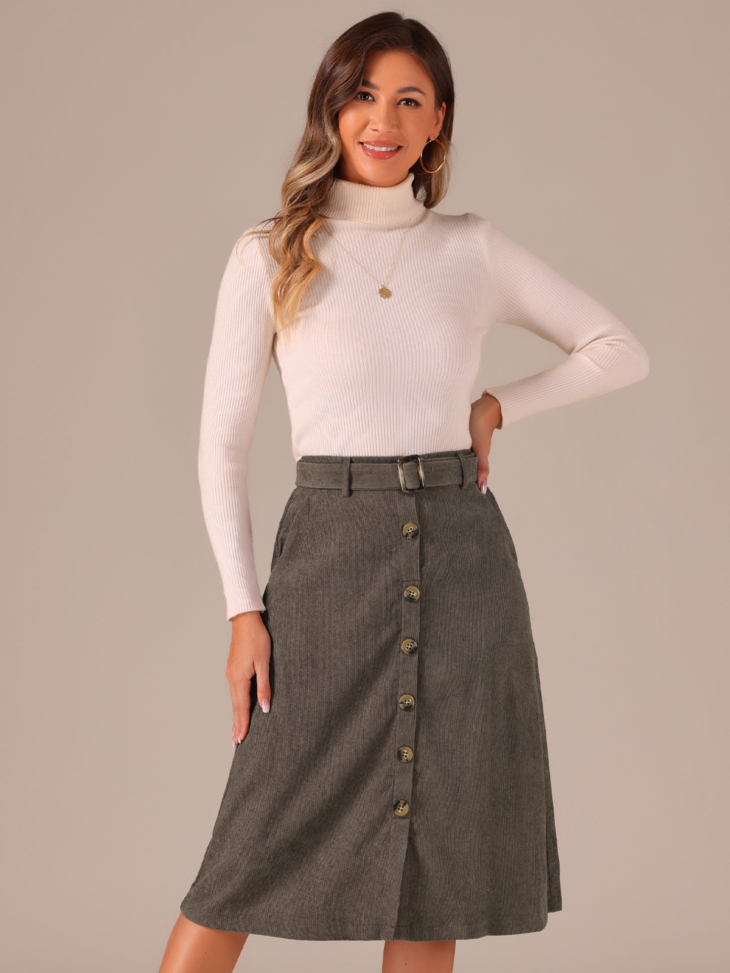Women's Fall Button Front Belted Corduroy High Waist Midi Skirt