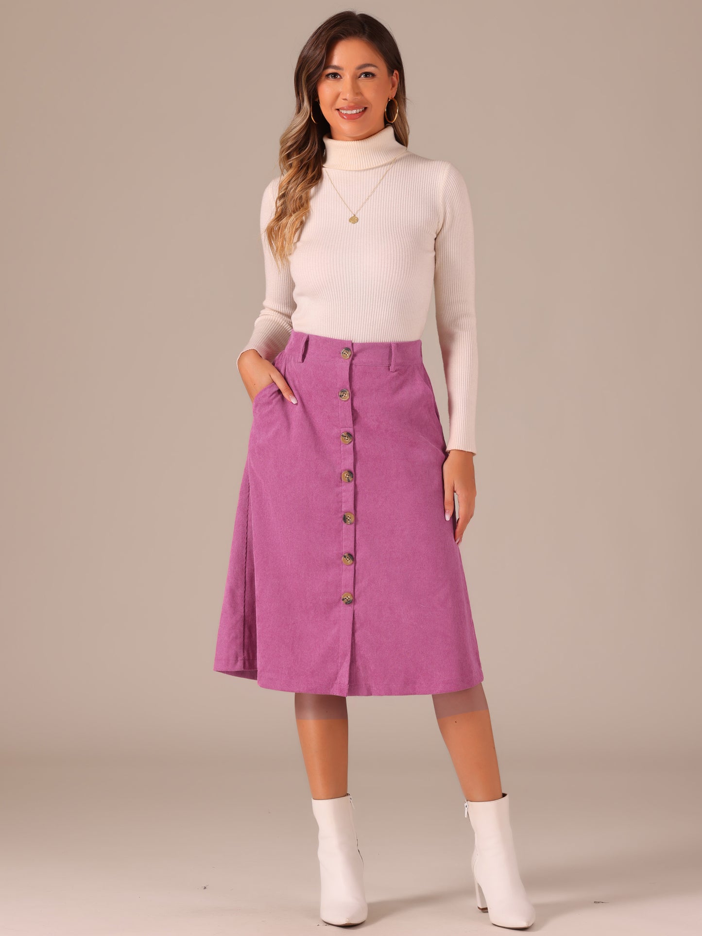 Women's Fall Button Front Belted Corduroy High Waist Midi Skirt