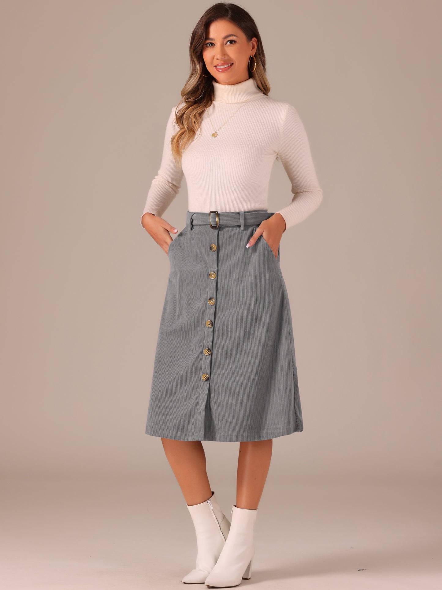Women's Fall Button Front Belted Corduroy High Waist Midi Skirt