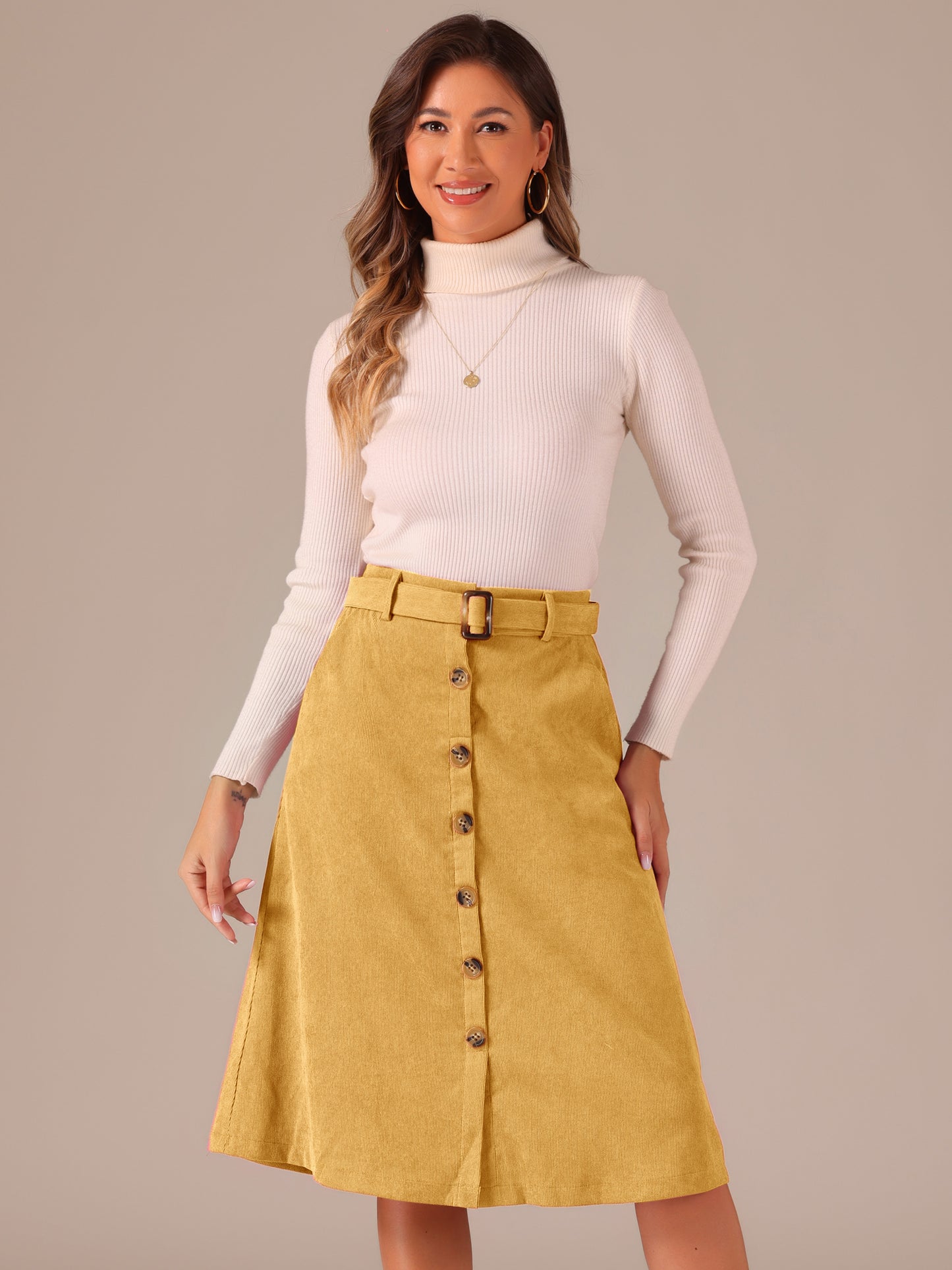Women's Fall Button Front Belted Corduroy High Waist Midi Skirt