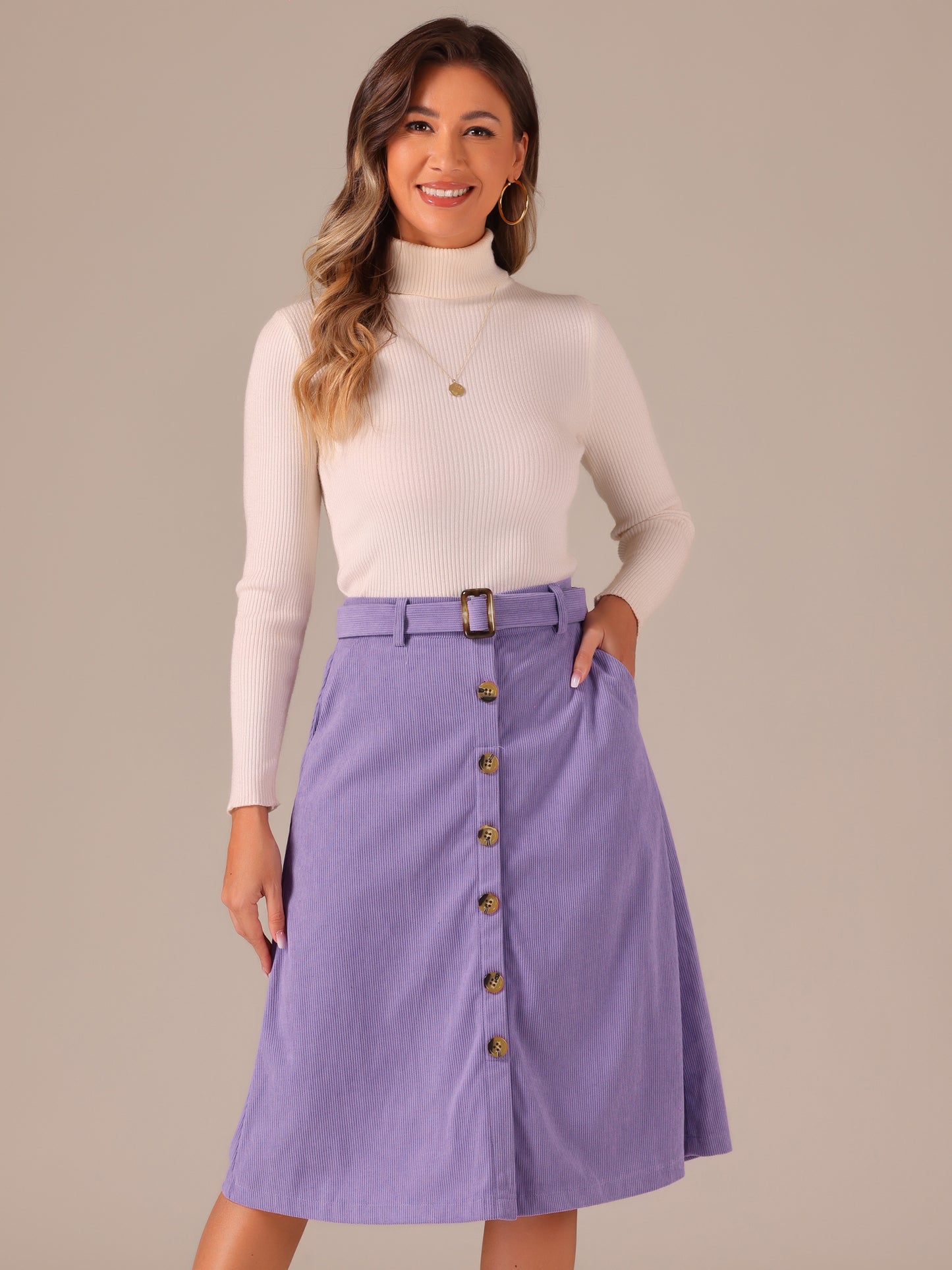 Women's Fall Button Front Belted Corduroy High Waist Midi Skirt