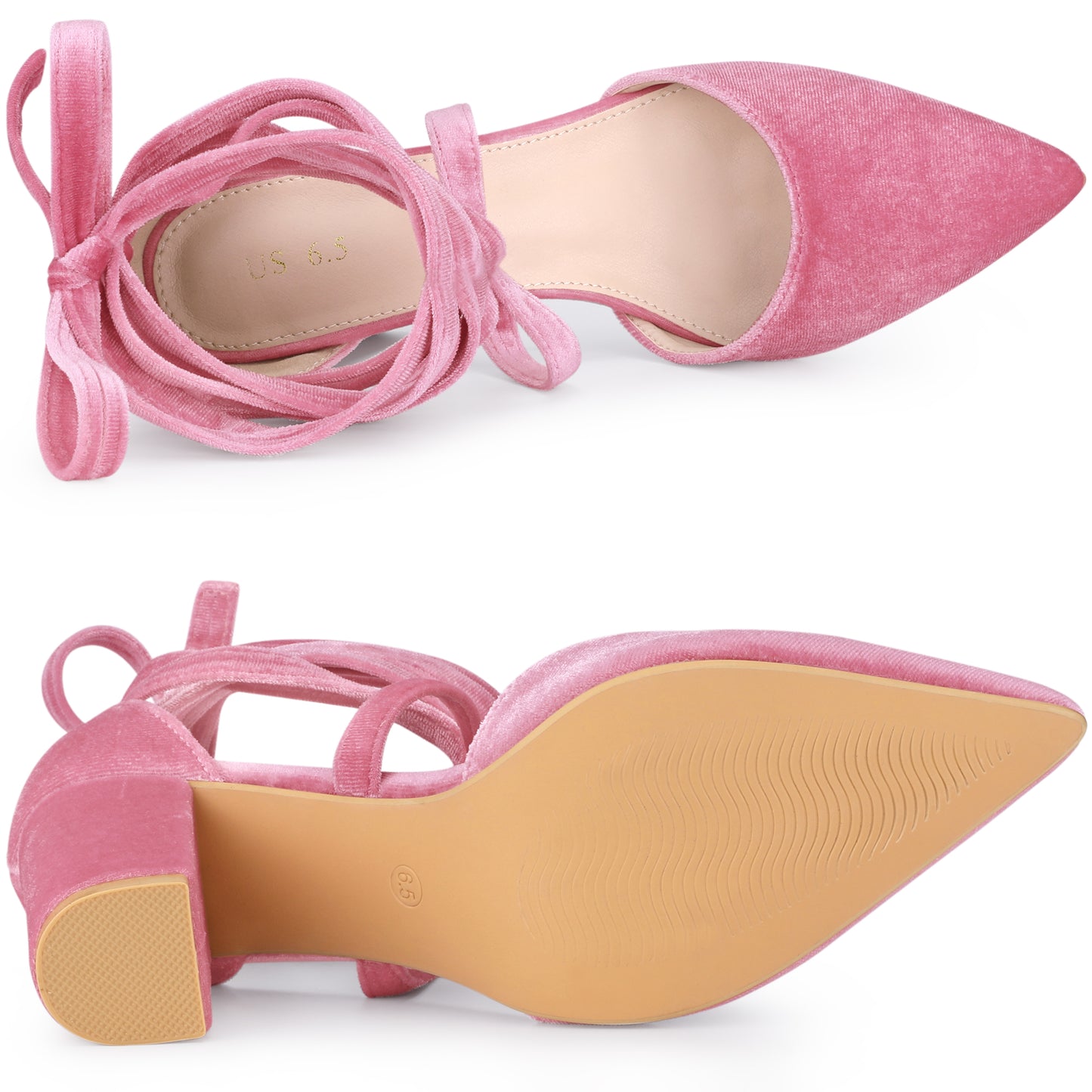 Zapatos de tacón grueso con cordones y punta puntiaguda de terciopelo para mujer