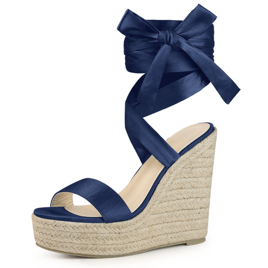 Women Platform Bow Ankle Tie Espadrilles Satin Lace Up Wedge Sandals