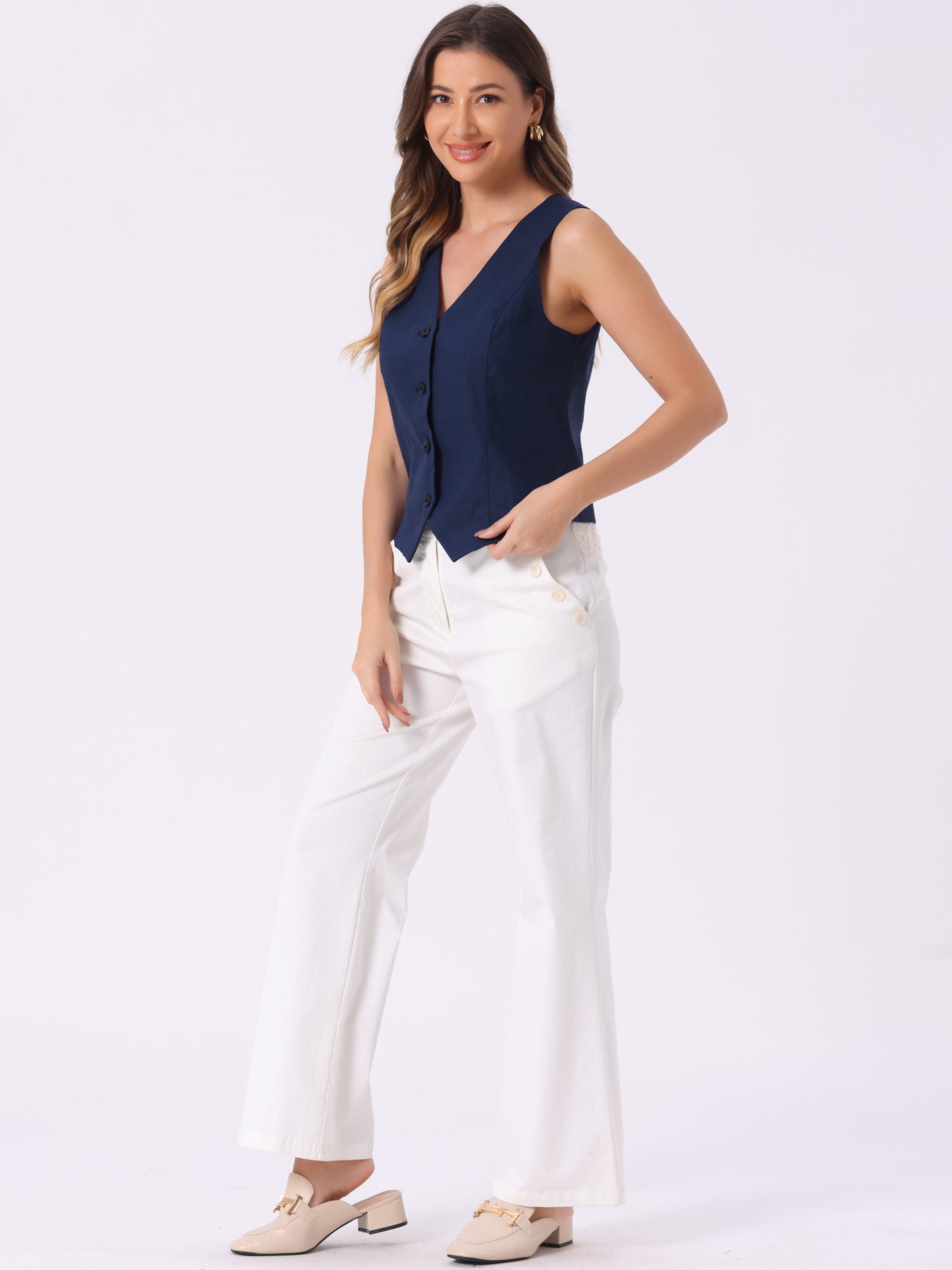 Women's Linen Vest Waistcoat Sleeveless Button Down V Neck Crop Top Summer Vest