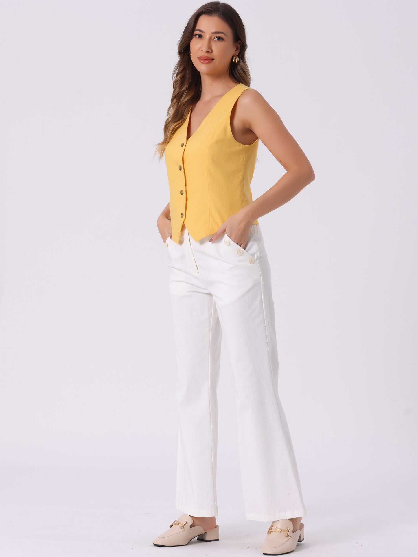 Women's Linen Vest Waistcoat Sleeveless Button Down V Neck Crop Top Summer Vest
