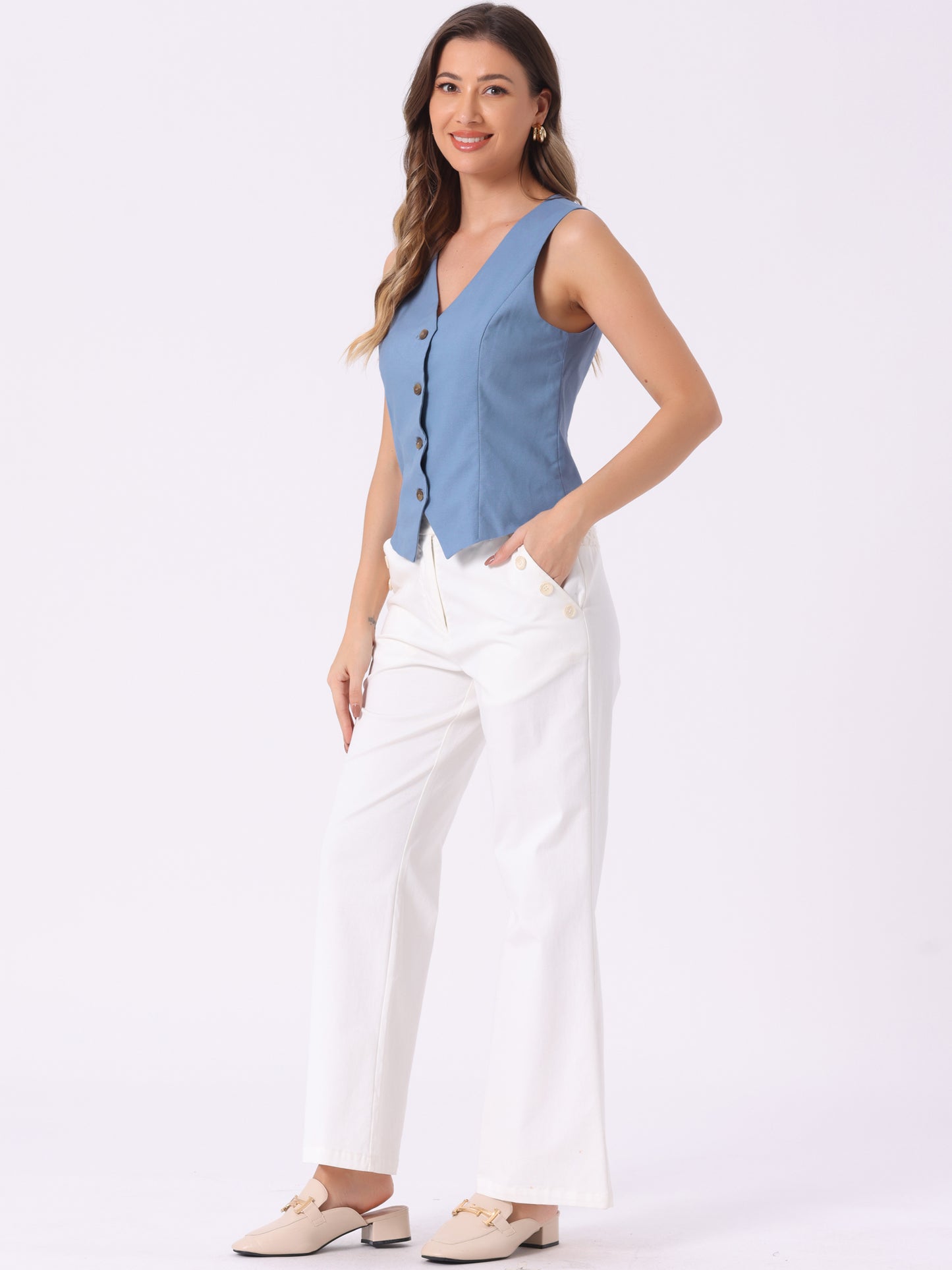 Women's Linen Vest Waistcoat Sleeveless Button Down V Neck Crop Top Summer Vest