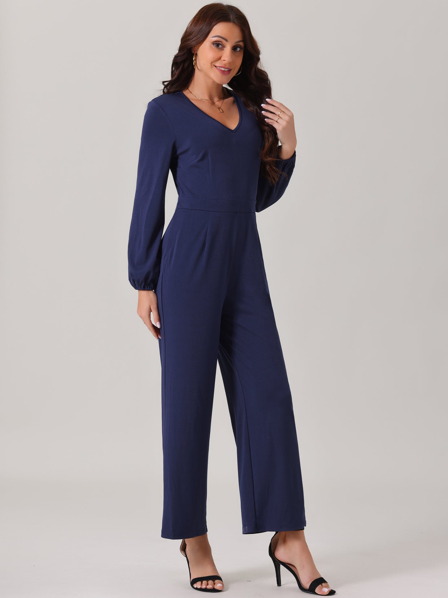 Women's V Neck Long Sleeve High Waist Wide Leg Casual Jumpsuits with Pockets