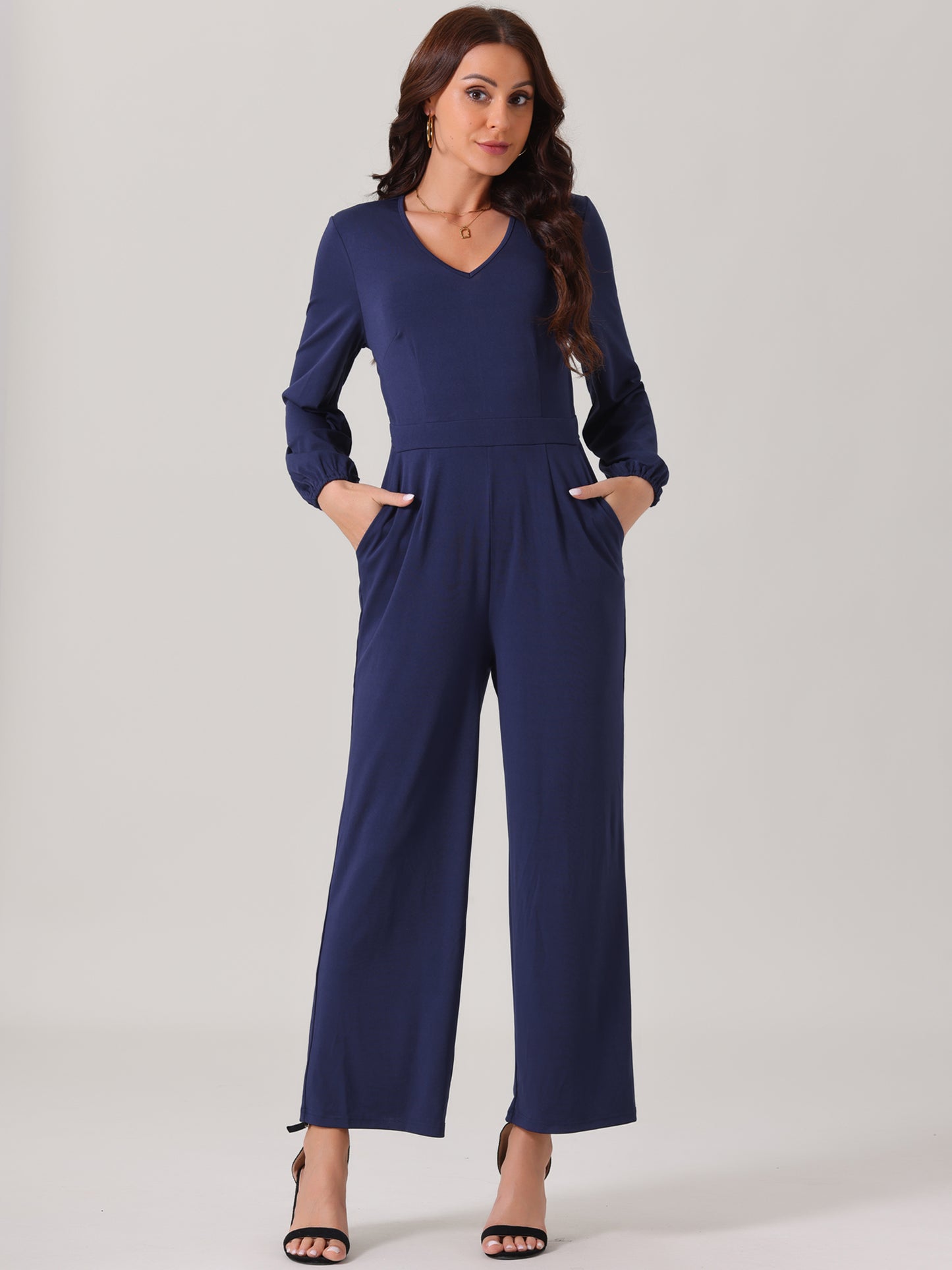 Women's V Neck Long Sleeve High Waist Wide Leg Casual Jumpsuits with Pockets