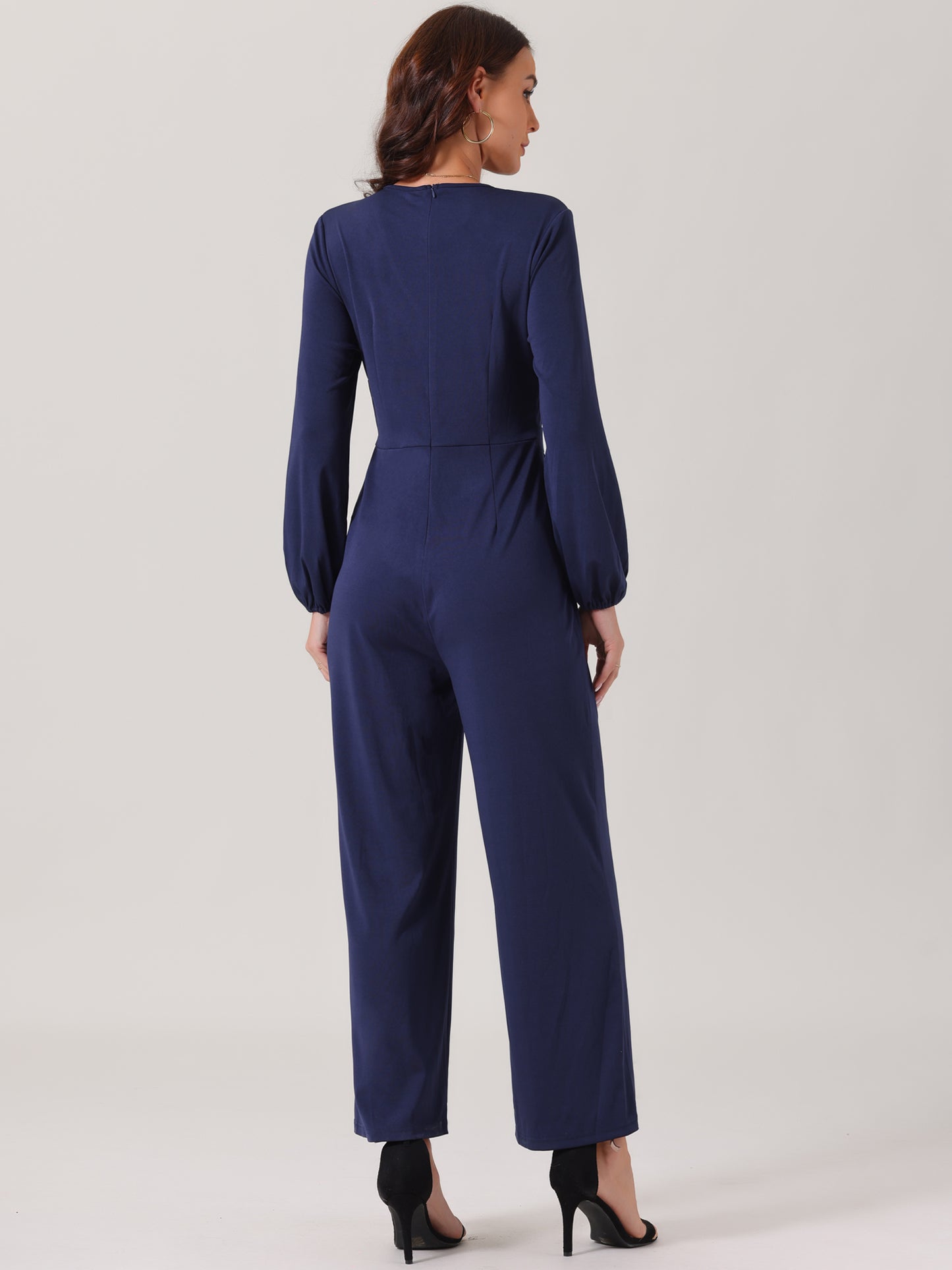 Women's V Neck Long Sleeve High Waist Wide Leg Casual Jumpsuits with Pockets